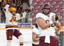 Minnesota forward Taylor Heise (9) celebrates after scoring the game tying goal against Wisconsin in the third period Friday, Feb. 10, 2023 at Ridder 