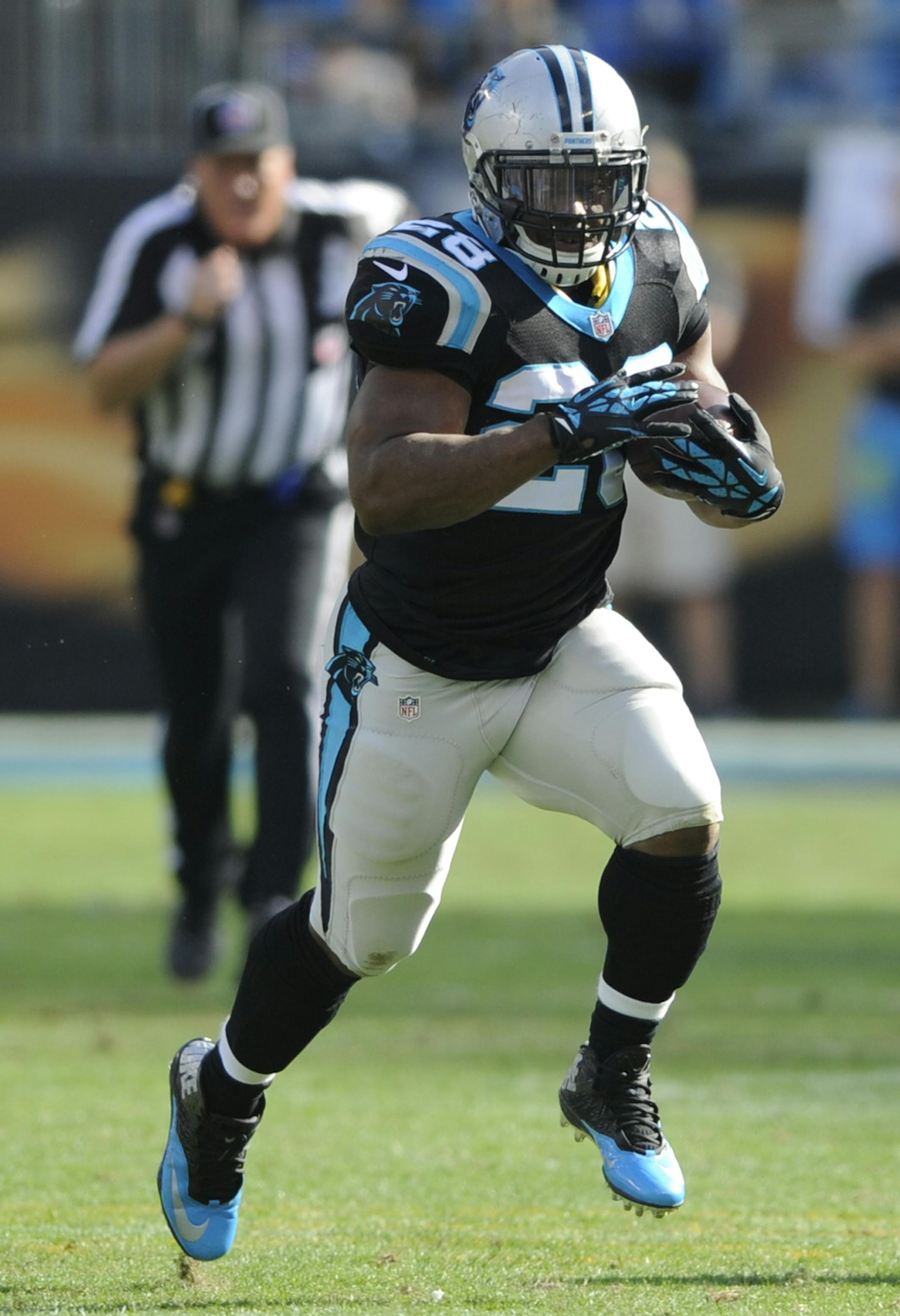 Carolina Panthers' Jonathan Stewart (28) runs against the Atlanta Falcons in the first half of an NFL football game in Charlotte, N.C., Sunday, Dec. 13, 2015. (AP Photo/Mike McCarn) ORG XMIT: NCCB1