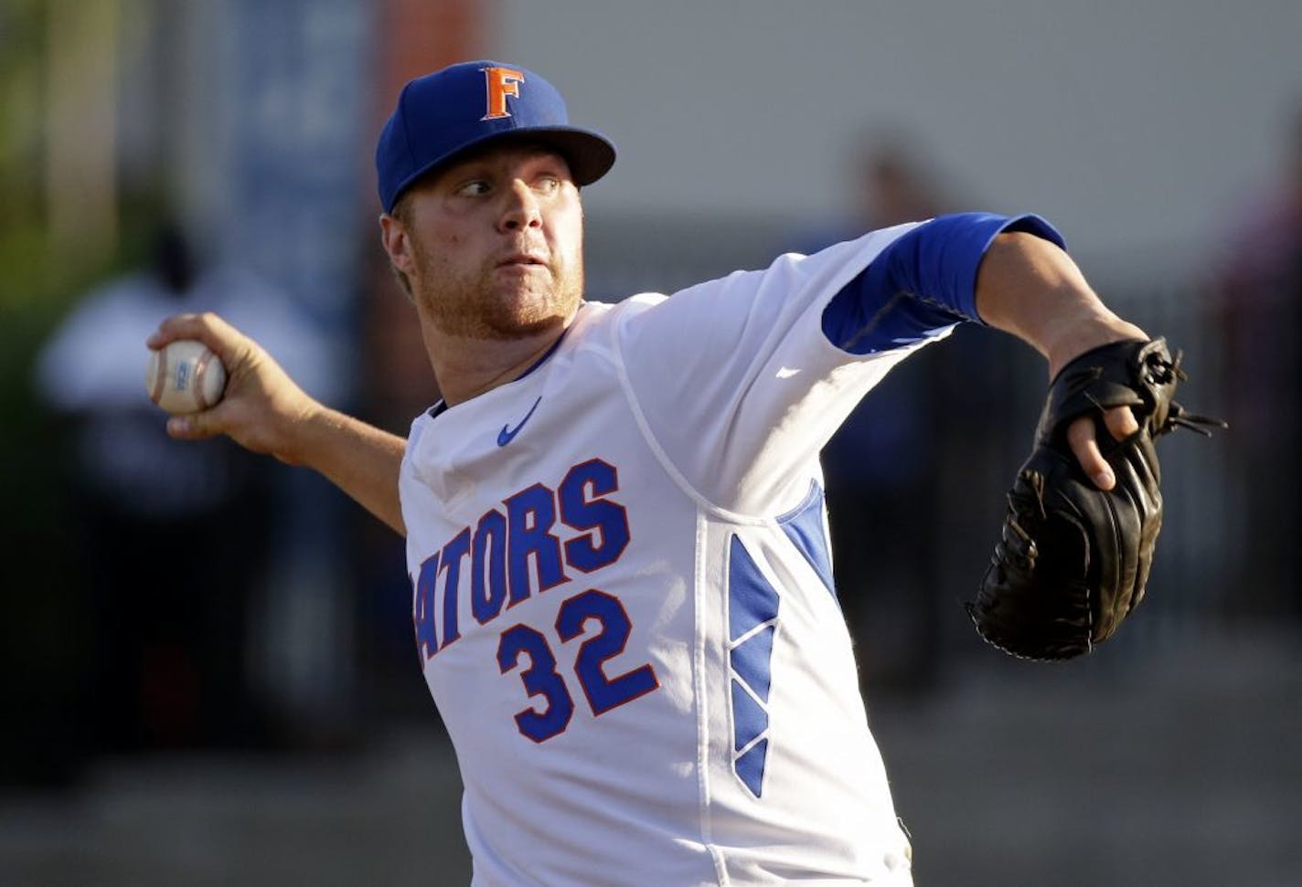 Florida pitcher Logan Shore throws against Florida A&M during the first inning of an NCAA college baseball tournament regional game Friday, May 29, 2015, in Gainesville, Fla.