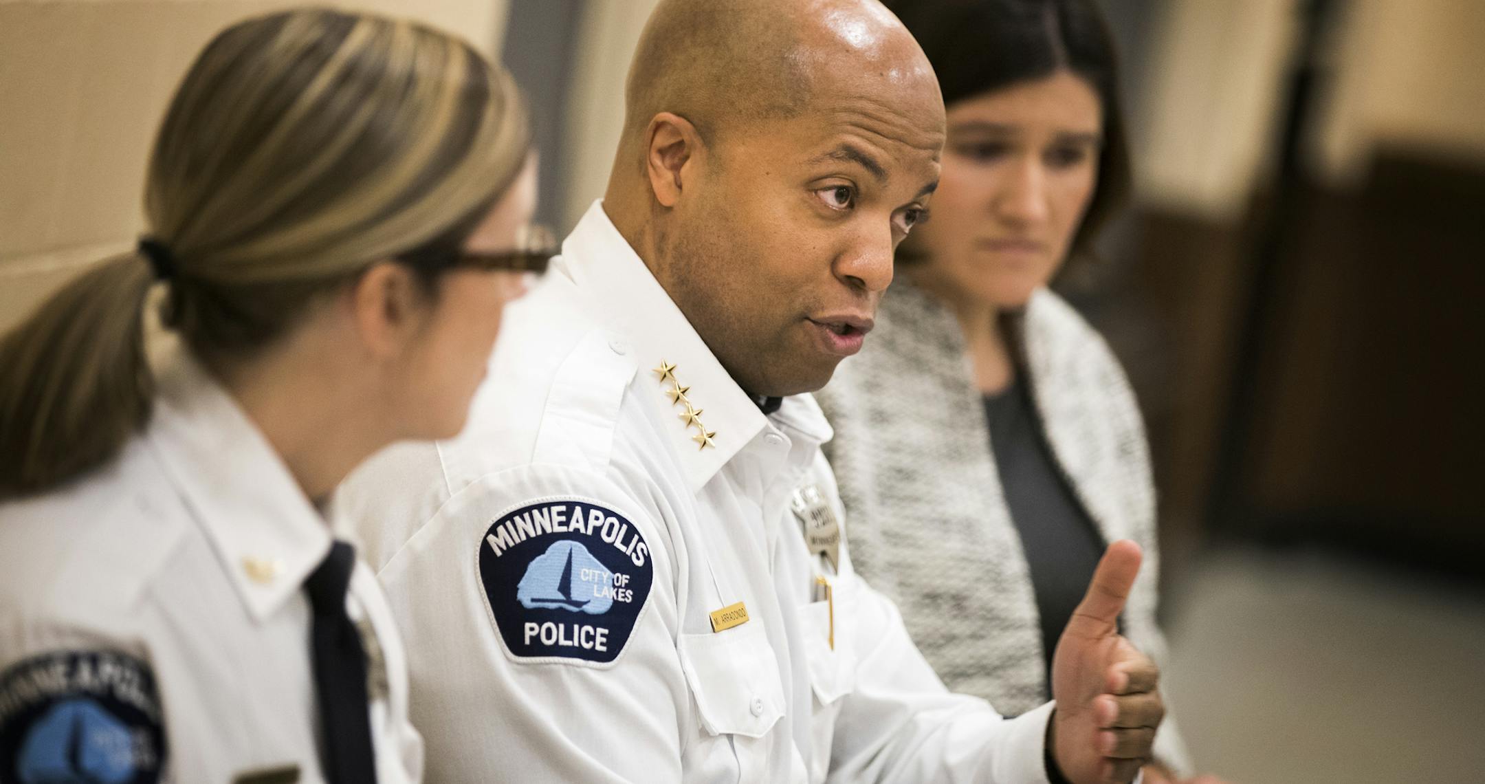 Chief Medaria Arradondo speaks during a community event. ] LEILA NAVIDI • leila.navidi@startribune.com BACKGROUND INFORMATION: Minneapolis Police Chief Medaria Arradondo attends a community discussion and Q&A session with Minneapolis Police 5th Precinct inspector Kathy Waite presented by Minneapolis City Council member Linea Palmisano at Pershing Park in Minneapolis on Monday, February 26, 2018.