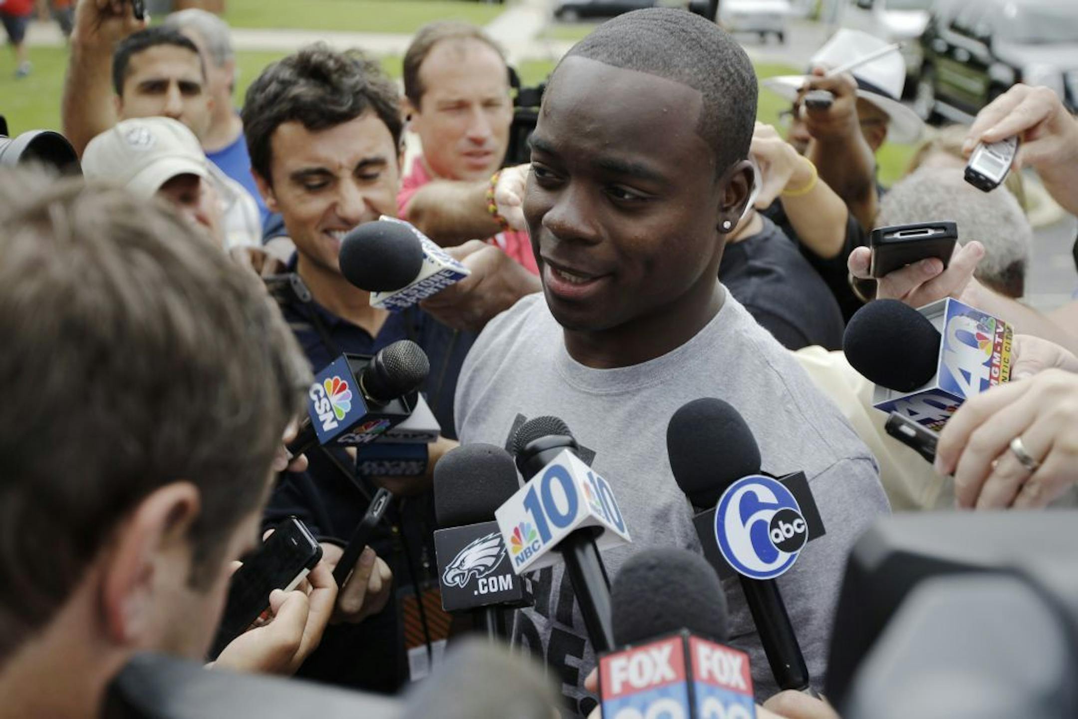 Philadelphia Eagles' Jeremy Maclin speaks with members of the media as he arrives at NFL football training camp in Philadelphia, Thursday, July 25, 2013.