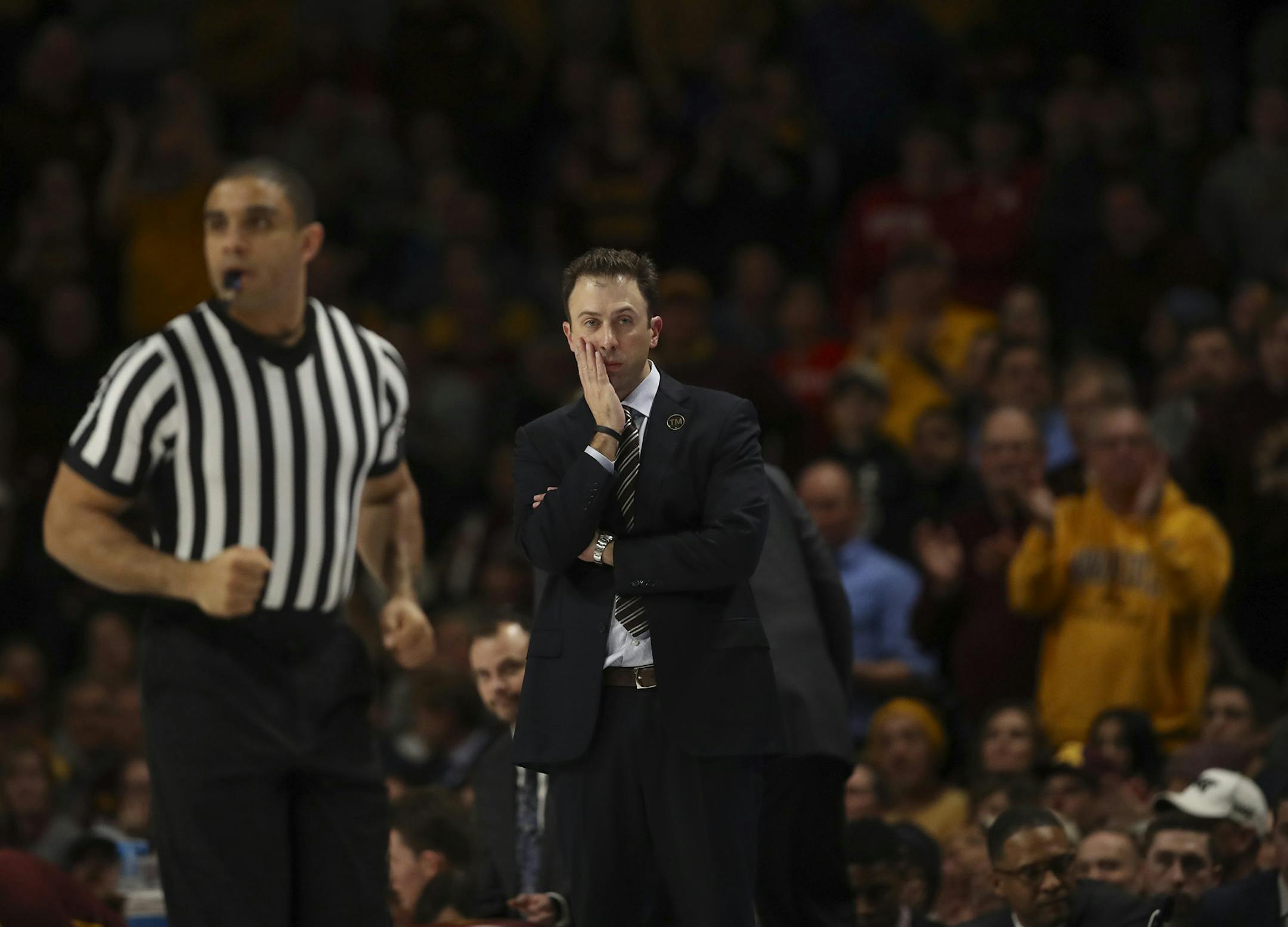 Minnesota head coach Richard Pitino trails Wisconsin in the second half on Wednesday, Feb. 6, 2019, at Williams Arena in Minneapolis. Wisconsin won, 56-51. (Jeff Wheeler/Minneapolis Star Tribune/TNS)