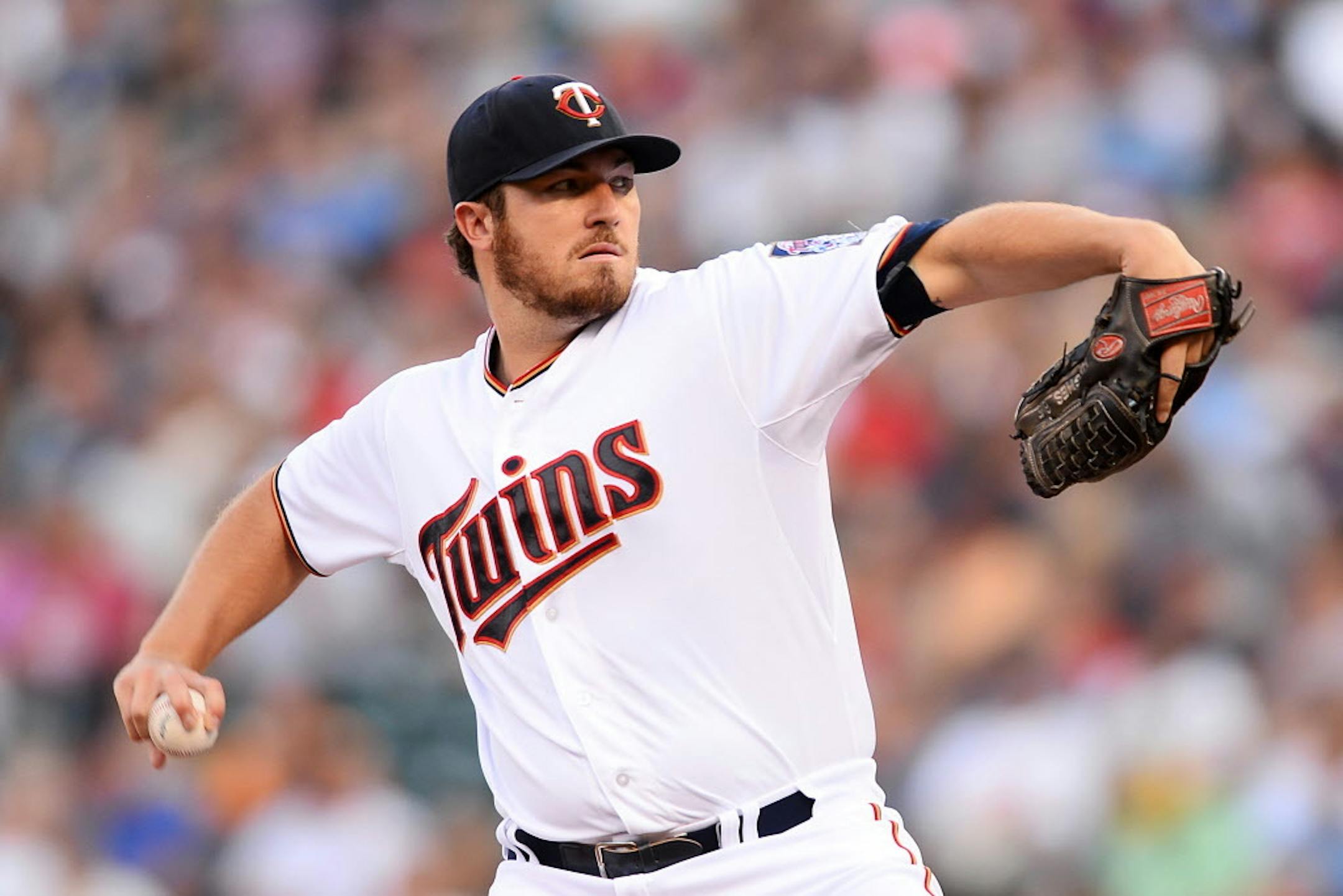 Minnesota Twins starting pitcher Phil Hughes (45) threw a pitch against the Yankees in the first inning Friday night. ] Aaron Lavinsky � aaron.lavinsky@startribune.com The Minnesota Twins played the New York Yankees Friday, July 24, 2015 at Target Center in Minneapolis, Minn.
