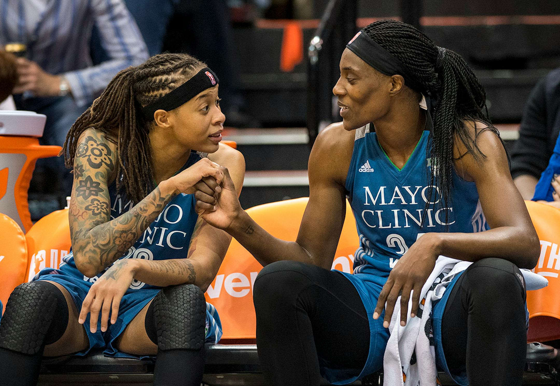 Minnesota Lynx guard Seimone Augustus (33) and center Sylvia Fowles (34) shared a moment on the bench during the fourth quarter Saturday.