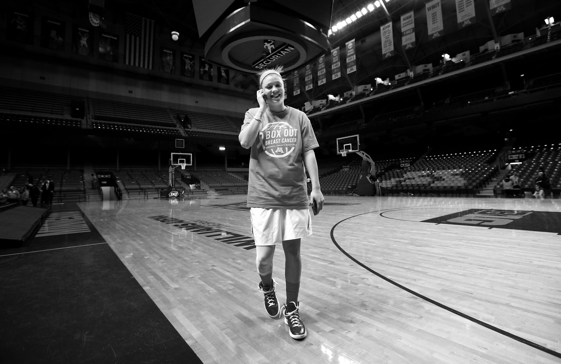 Rachel Banham conducted a phone interview with ESPN's Sports Center in an empty Williams Arena after scoring 35-points including a buzzer beating game winning three pointer against Iowa.