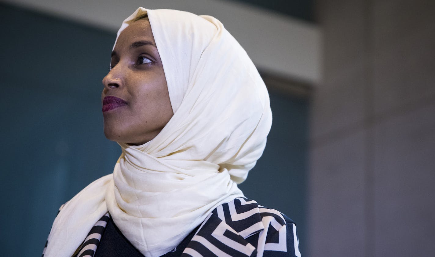 Ilhan Omar, congresswoman-elect for Minnesota, at a Congressional Progressive Caucus news conference at the AFL-CIO International Headquarters in Washington, Nov. 12, 2018. The freshman House Democrats are the most diverse, most female class in history &#xf3; and span the ideological spectrum. They arrive in Washington for orientation this week. (Sarah Silbiger/The New York Times)