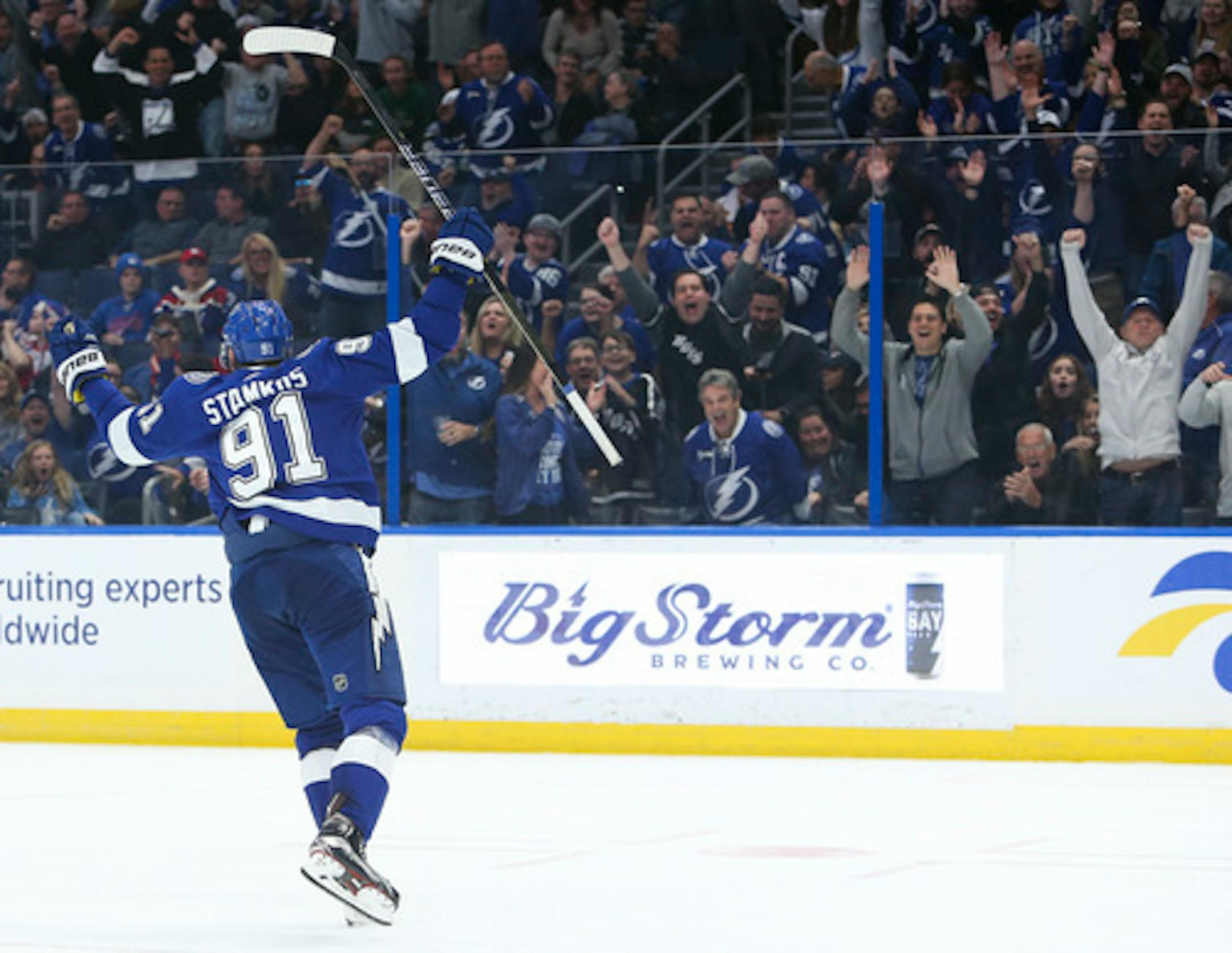 Tampa Bay Lightning center Steven Stamkos (91) celebrates his third goal of the game as he beats New York Rangers goaltender Henrik Lundqvist (30) to complete the hat trick while putting his team up 5-2 on Dec. 10, 2018. The Lightning led the NHL with 104 points through Sunday.