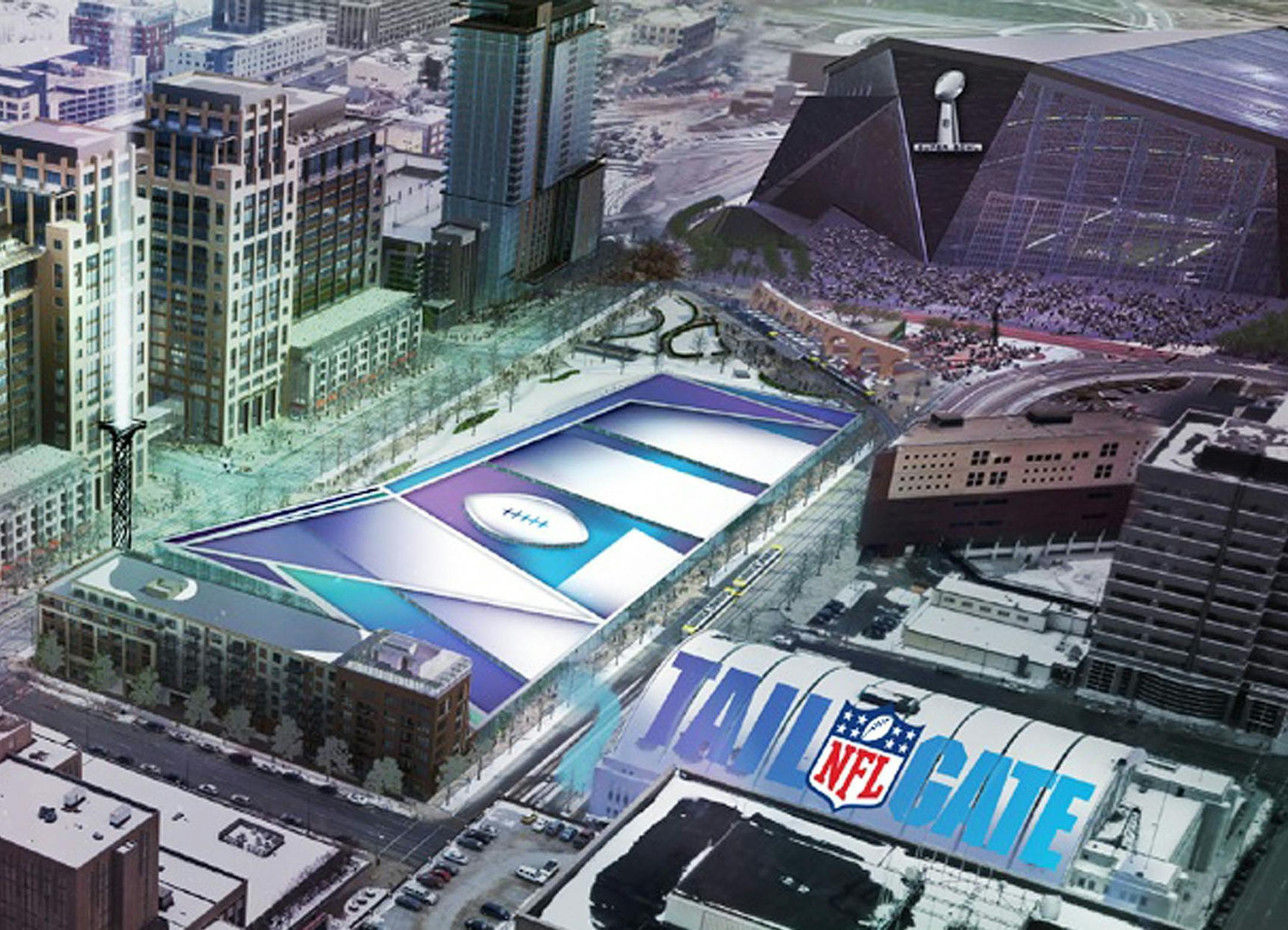 In this artist's rendering provided by the Minnesota Vikings on Wednesday, May 21, 2014, a Super Bowl LII logo covers a seven-acre prime space for an NFL tailgate party next to the new stadium, top right, which is under construction in Minneapolis. The image was part of the presentation made to NFL team owners before they voted to hold the 2018 Super Bowl in Minneapolis. (AP Photo/Minnesota Vikings) ORG XMIT: MIN2014052118254773 ORG XMIT: MIN1405231405030595