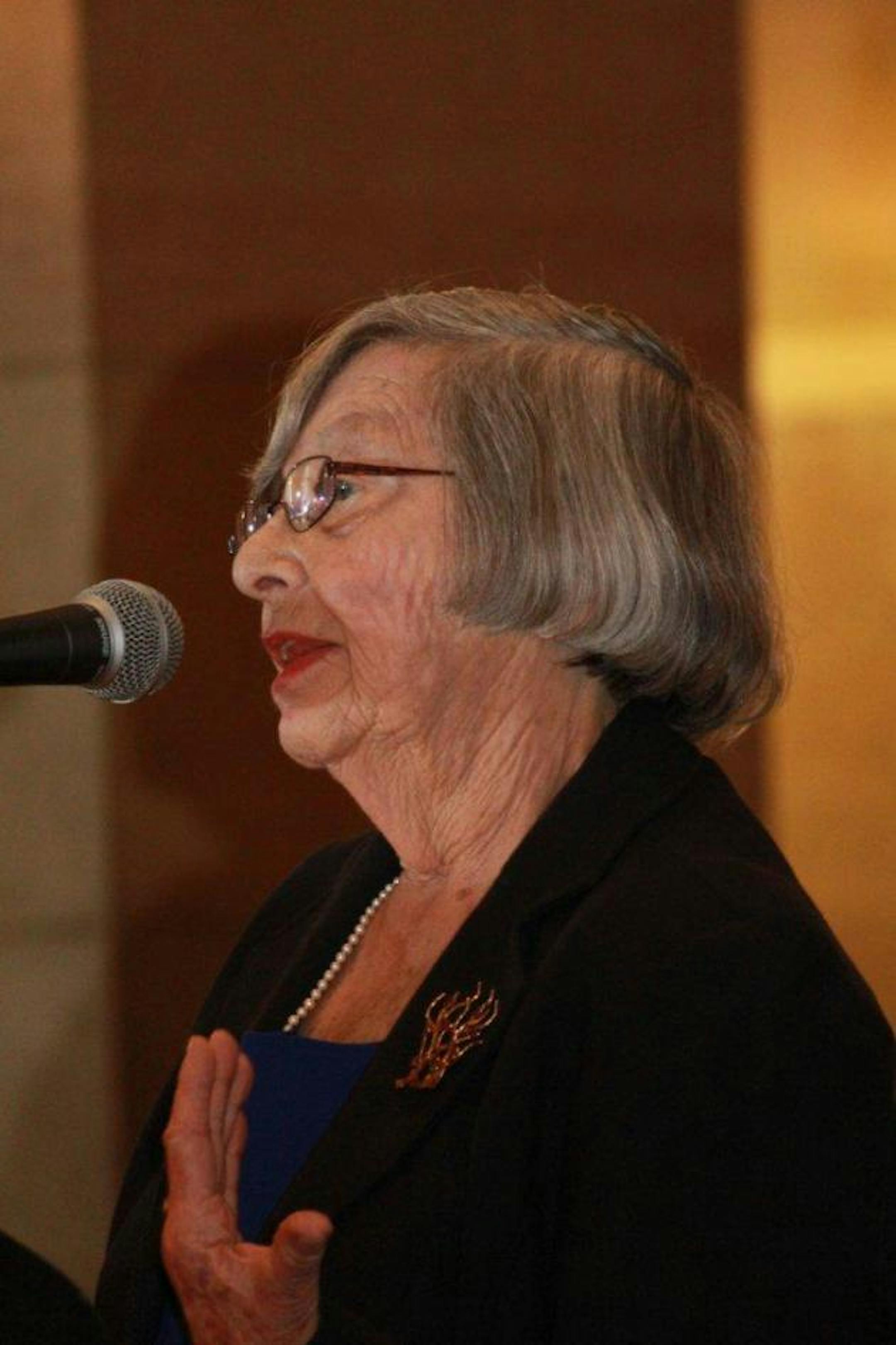 Holocaust survivor, Eva Gross, speaking at the Minnesota State Capitol.