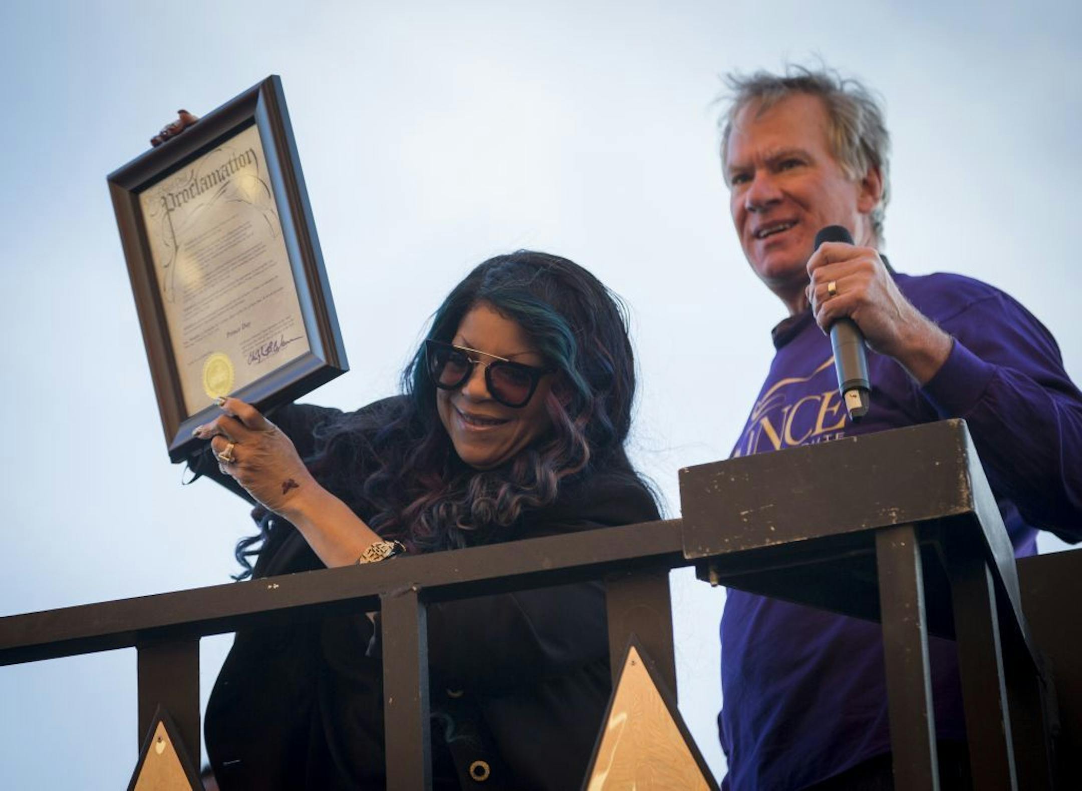Prince's sister Tyka Nelson accepted a proclamation from St. Paul Mayor Chris Coleman declaring it Prince Day at a public dance party Thursday before the Prince Tribute Concert at Xcel Energy Center.