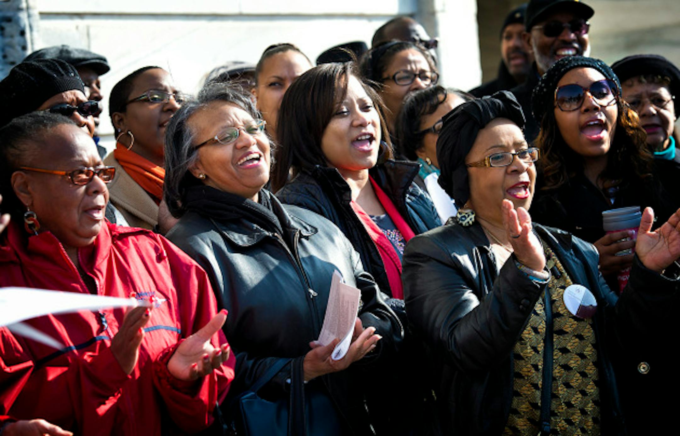 The group was told no singing was allowed in the Capitol so ISAIAH president Rev. Paul Slack led the group in a beautiful rendition of Amazing Grace and Oh Happy Day outdoors on the Capitol steps. African-American clergy and members of the faith community held a faith rally at the Minnesota State Capitol on the 45th anniversary of Dr. Martin Luther King's assassination to support a bill that would reduce racial disparities in juvenile detention and provide funding for alternatives.  Thursday, April 4, 2013  ]   GLEN STUBBE * gstubbe@startribune.com