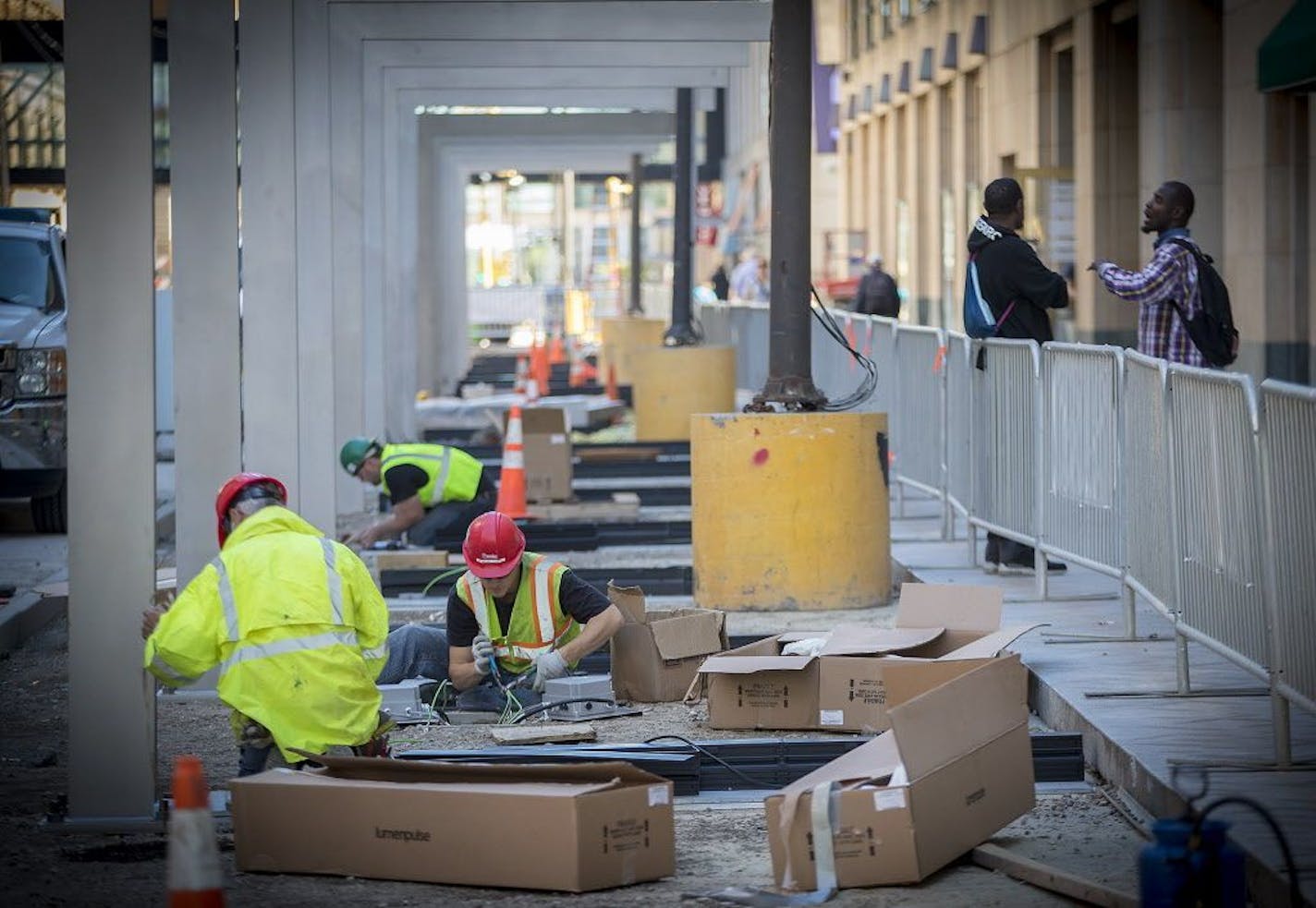 Barricades lined the sidewalks and blocked streets along Nicollet Mall in downtown Minneapolis during its reconstruction.