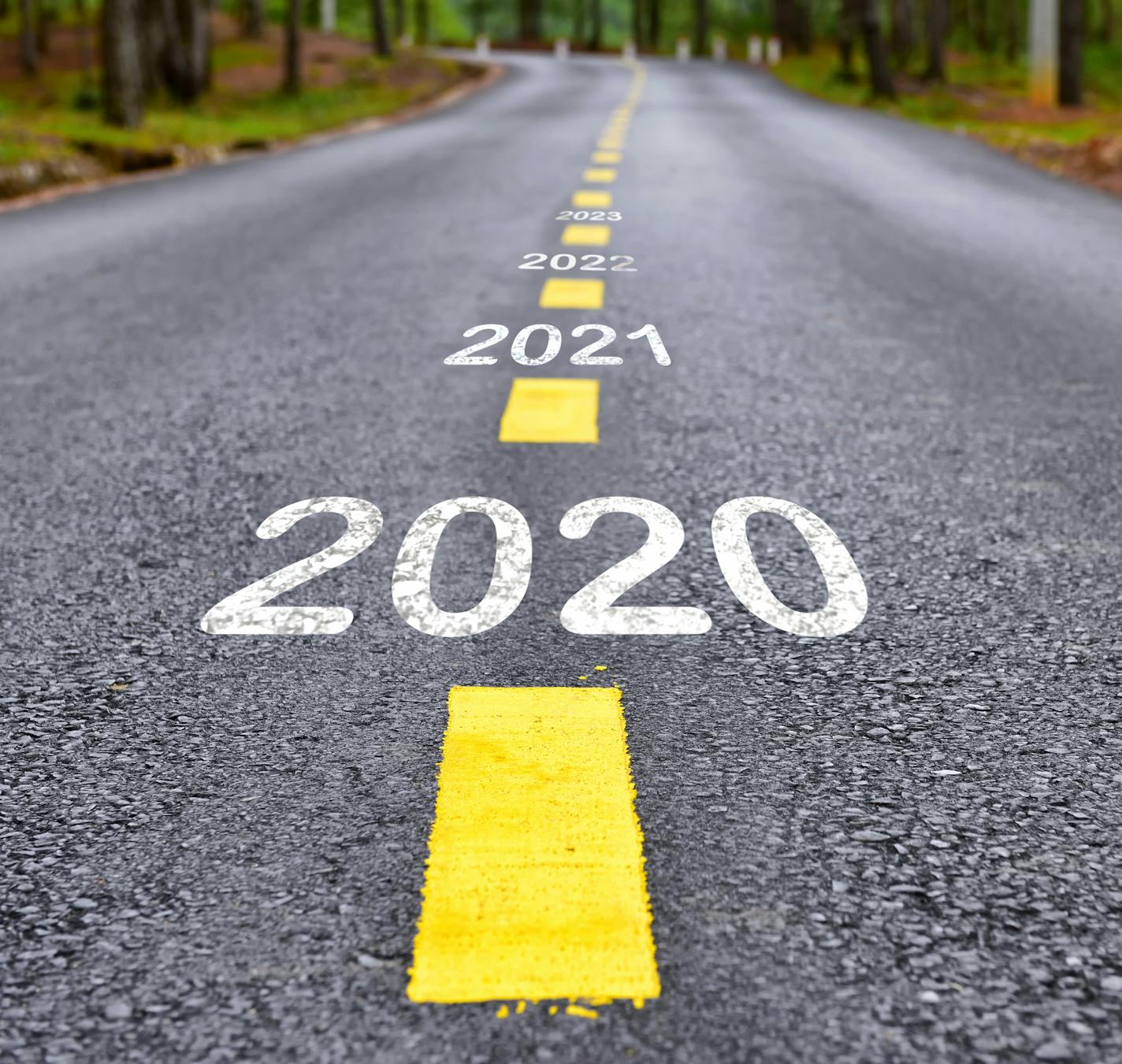 Number of 2020 to 2022 on asphalt road surface with marking lines