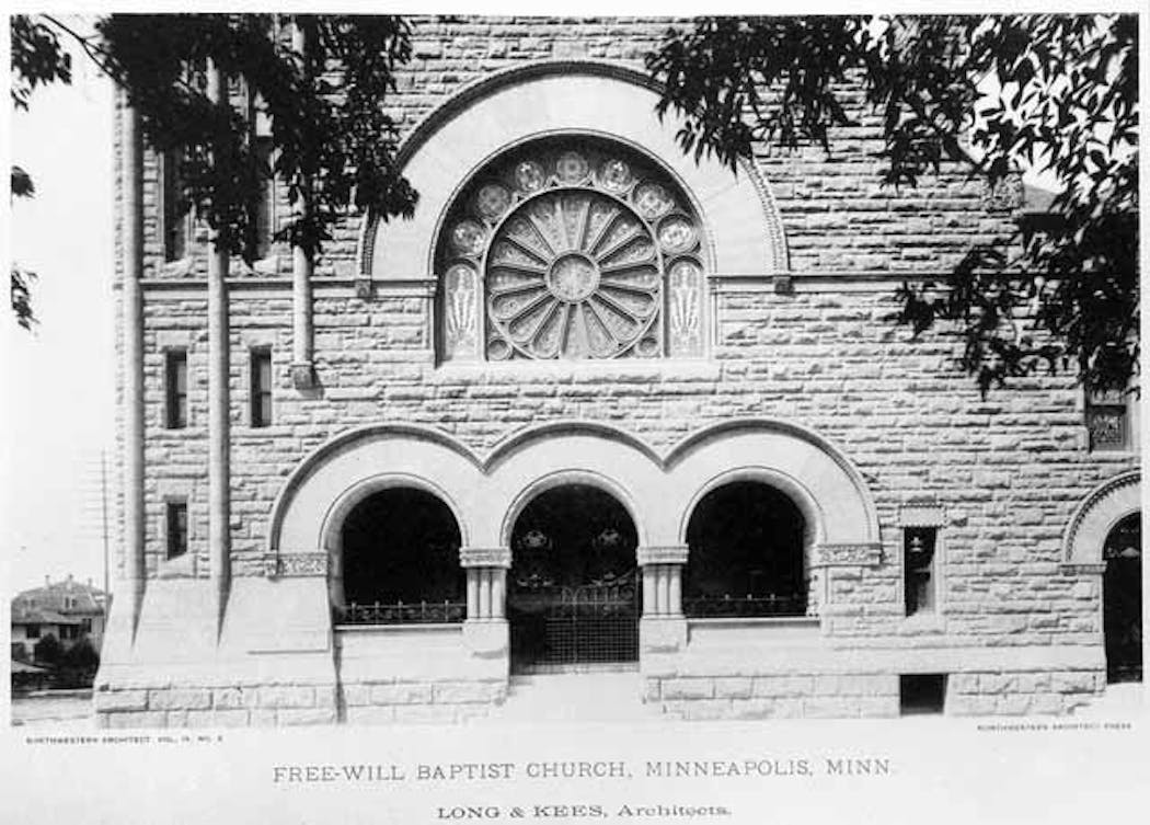 The First Free Baptist Church at 15th and Nicollet, Minneapolis, circa 1891. Long and Kees designed the church in the Richardsonian Romanesque style.