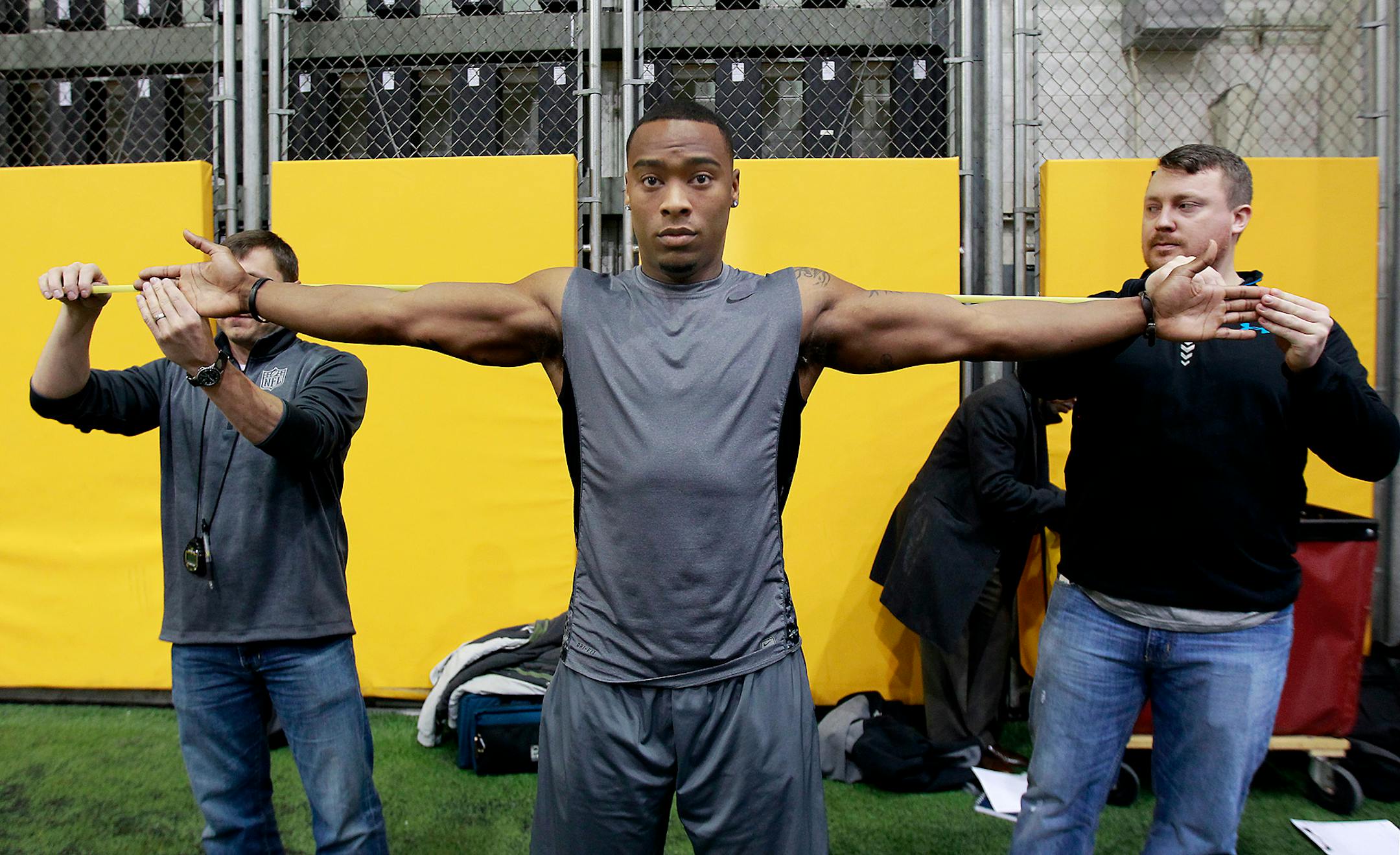 University of Minnesota's Cedric Thompson's arm span was measured during Pro Day at the Nagurski building on campus, Monday, March 2, 2015. Professional NFL scouts were on hand to take a look at former Gophers and local former college football players. ] (ELIZABETH FLORES/STAR TRIBUNE) ELIZABETH FLORES � eflores@startribune.com
