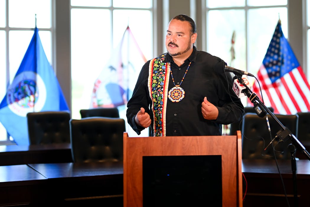 Red Lake Tribal Council Secretary Samuel Strong speaks to the media about the opening of NativeCare — the state’s first recreational cannabis dispensary — Monday, July 31, 2023 at Red Lake Nation Government Center. 