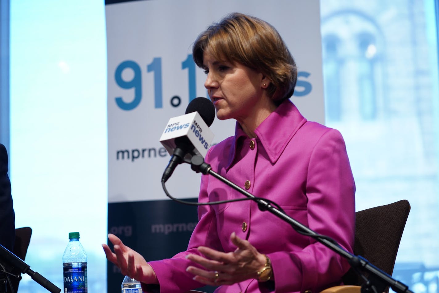 Attorney General Lori Swanson, a DFL candidate for governor, responds to allegations of using her elected office to advance her political ambitions during a debate at Minnesota Public Radio on Friday, Aug. 10, 2018.