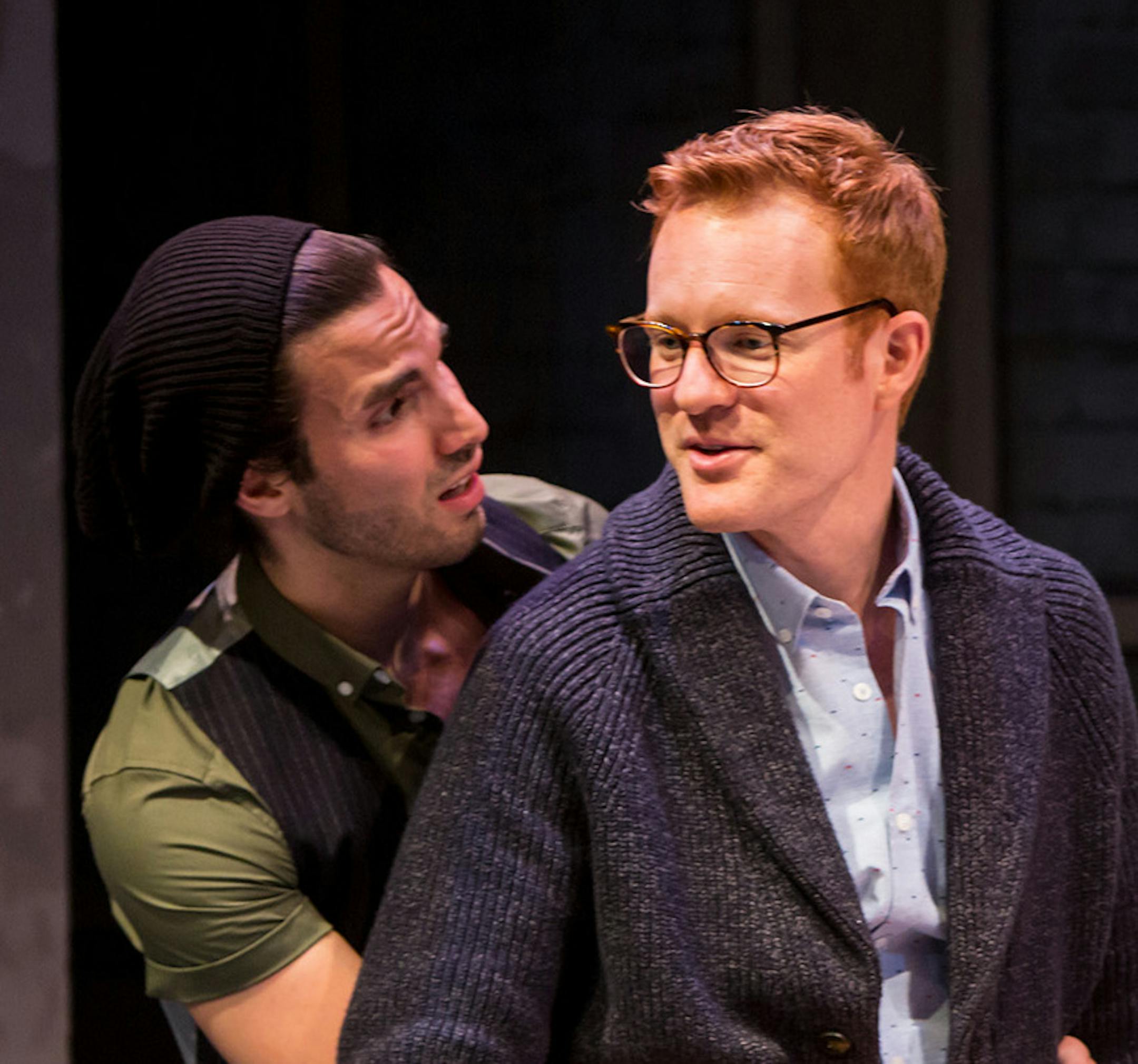 Michael Hanna as Benoit, Kasey Mahaffy as David and Emily Gunyou Halaas as his twin sister, Sarah, in "Le Switch" at the Jungle Theater. PHOTO CREDIT: Dan Norman