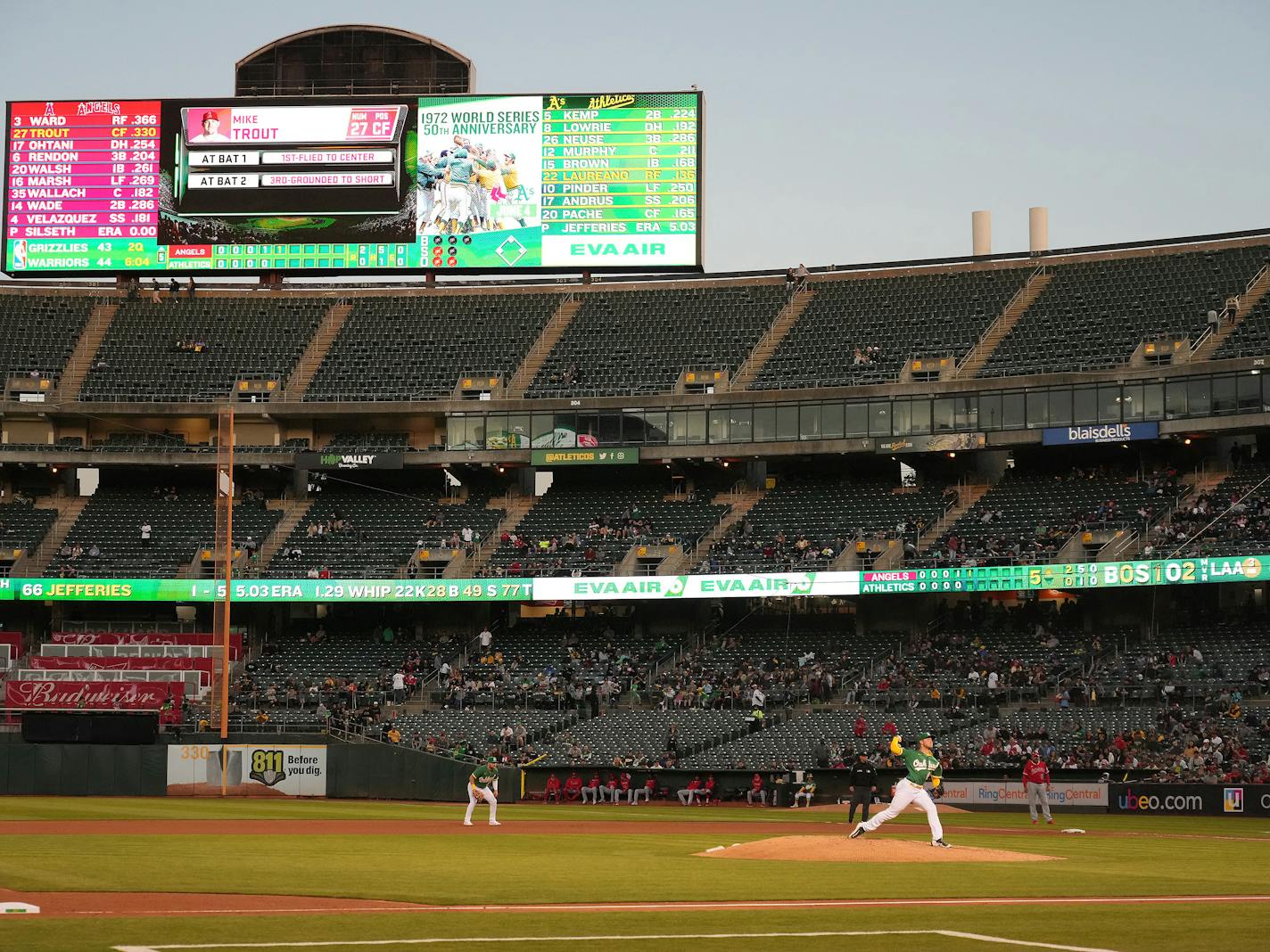 Oakland pitcher Daulton Jefferies on the mound against the Los Angeles Angels, one of many Athletics games this season with dismal attendance, at aging RingCentral Coliseum, in Oakland, Calif., May 13, 2022. For years, the AÕs have been in the hunt for a sparkly new stadium or an energetic new city, creating a limbo that almost goads fans into staying away. (Jim Wilson/The New York Times)