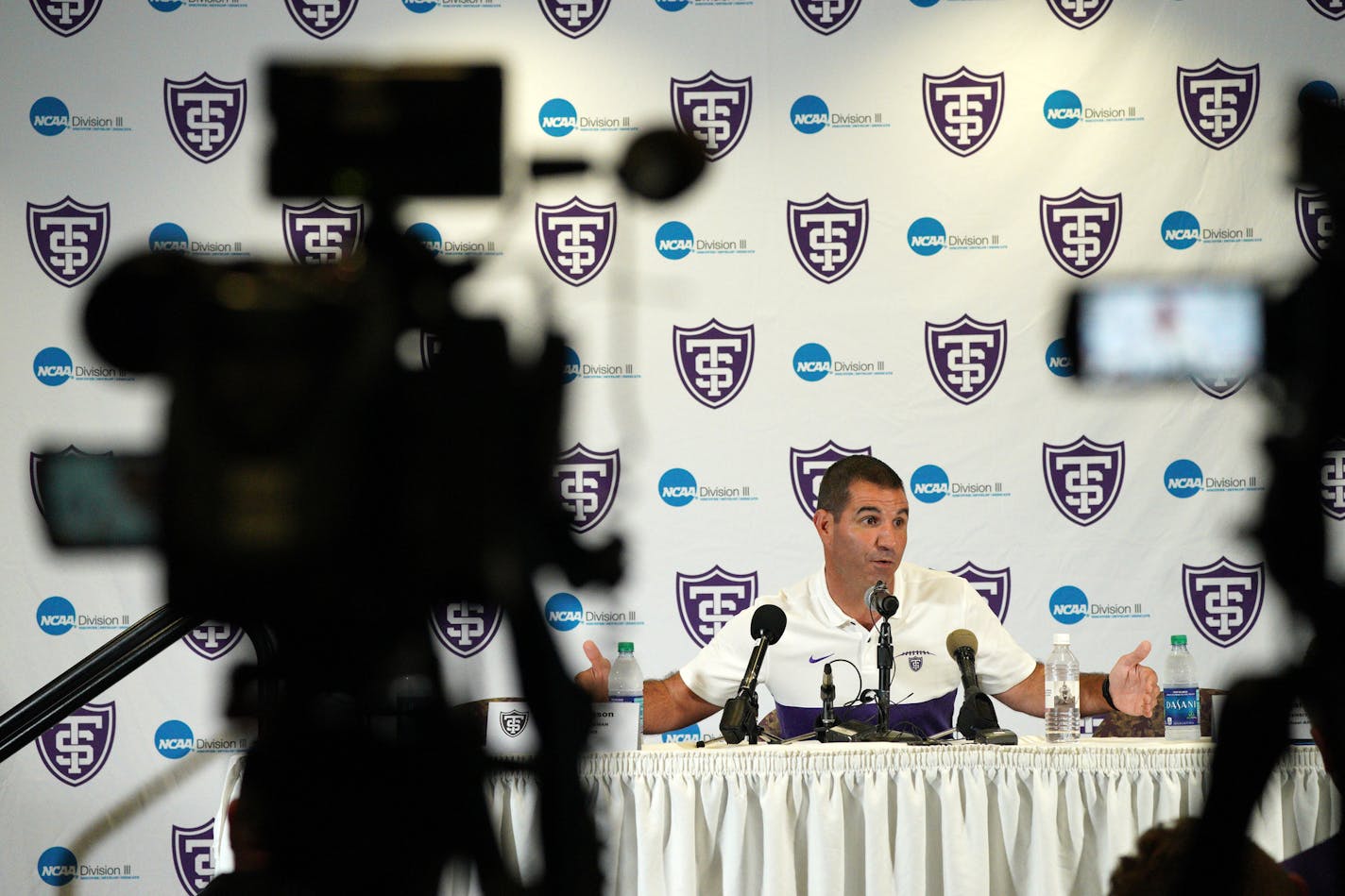 St. Thomas head football coach Glenn Caruso spoke during a press conference Tuesday. ] ANTHONY SOUFFLE &#x2022; anthony.souffle@startribune.com St. Thomas head football coach Glenn Caruso and players Luke Swenson and Elijah Rice gave a press conference, the first since they were kicked out of the MIAC, Tuesday, Aug. 13, 2019 at the Anderson Athletic and Recreation Complex on the grounds of St. Thomas University in St. Paul, Minn. ORG XMIT: MIN1908131516432470