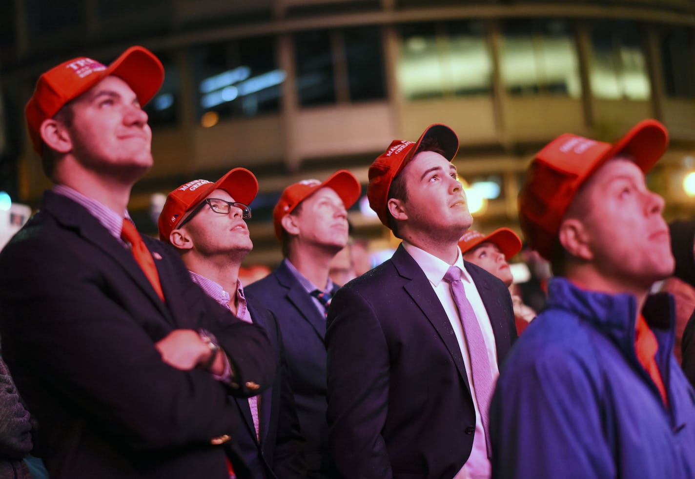 Trump supporters, mostly from Mankato, watched President Donald Trump's speech in the plaza outside of the Mayo Civic Center Thursday. ] AARON LAVINSKY &#xef; aaron.lavinsky@startribune.com Trump supporters lined up outside Mayo Civic Center ahead of President Trump's Rally Thursday, Oct. 4, 2018 in Rochester, Minn.