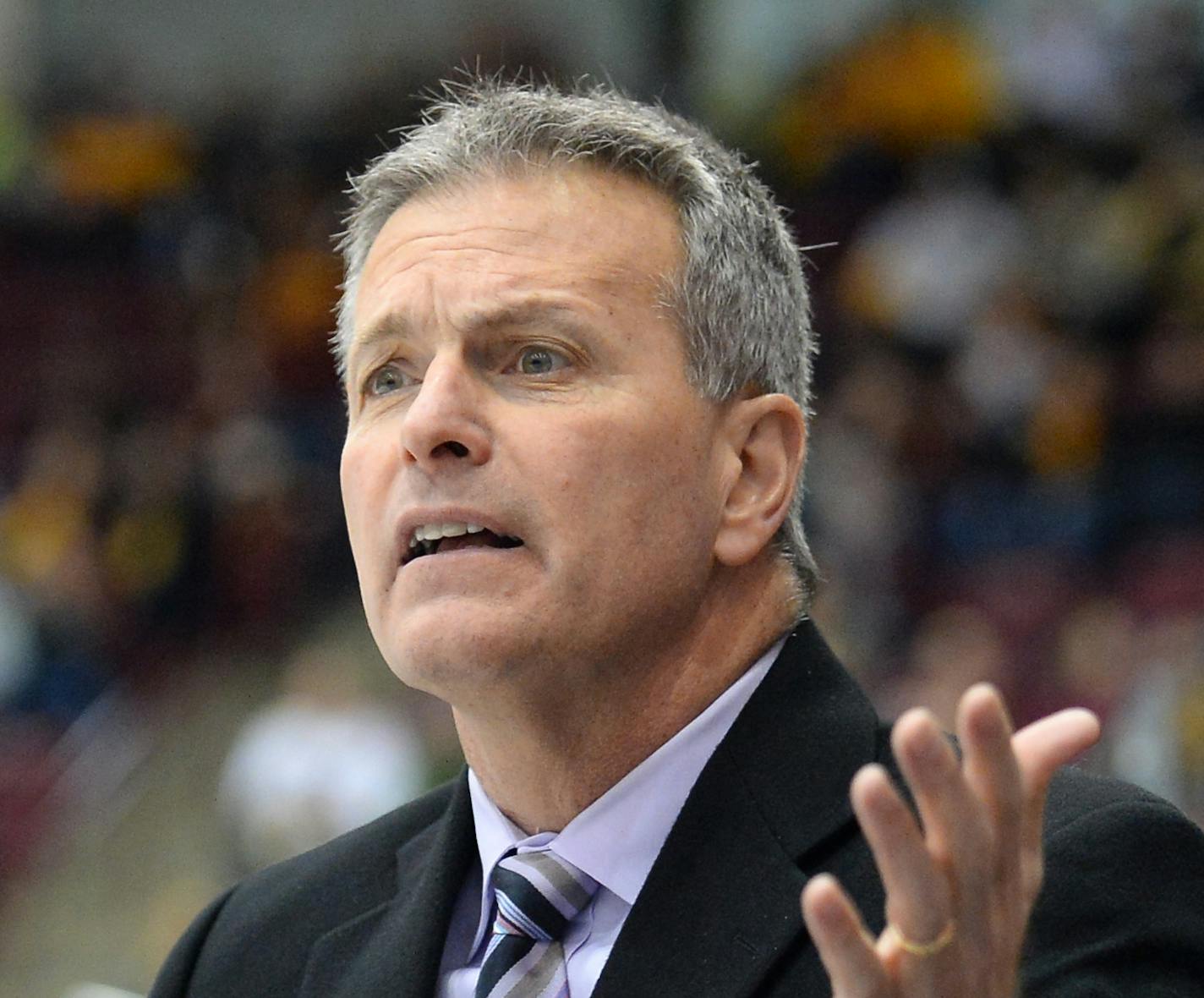 Minnesota Golden Gophers head coach Don Lucia argued with an official during the third period against the Penn State Nittany Lions Friday night. ] (AARON LAVINSKY/STAR TRIBUNE) aaron.lavinsky@startribune.com The University of Minnesota Golden Gophers men's hockey team played the Penn State Nittany Lions on Friday, Feb. 5, 2016 at Mariucci Arena in Minneapolis, Minn. ORG XMIT: MIN1602052200044850