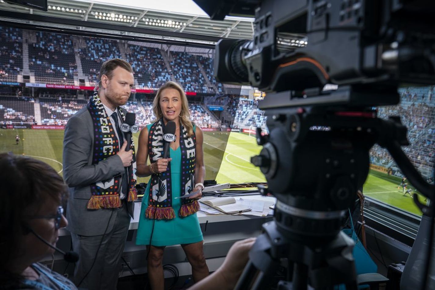 Minnesota United broadcasters Callum Williams and Kendra Kyndra de St. Aubin prepared for a game last season.