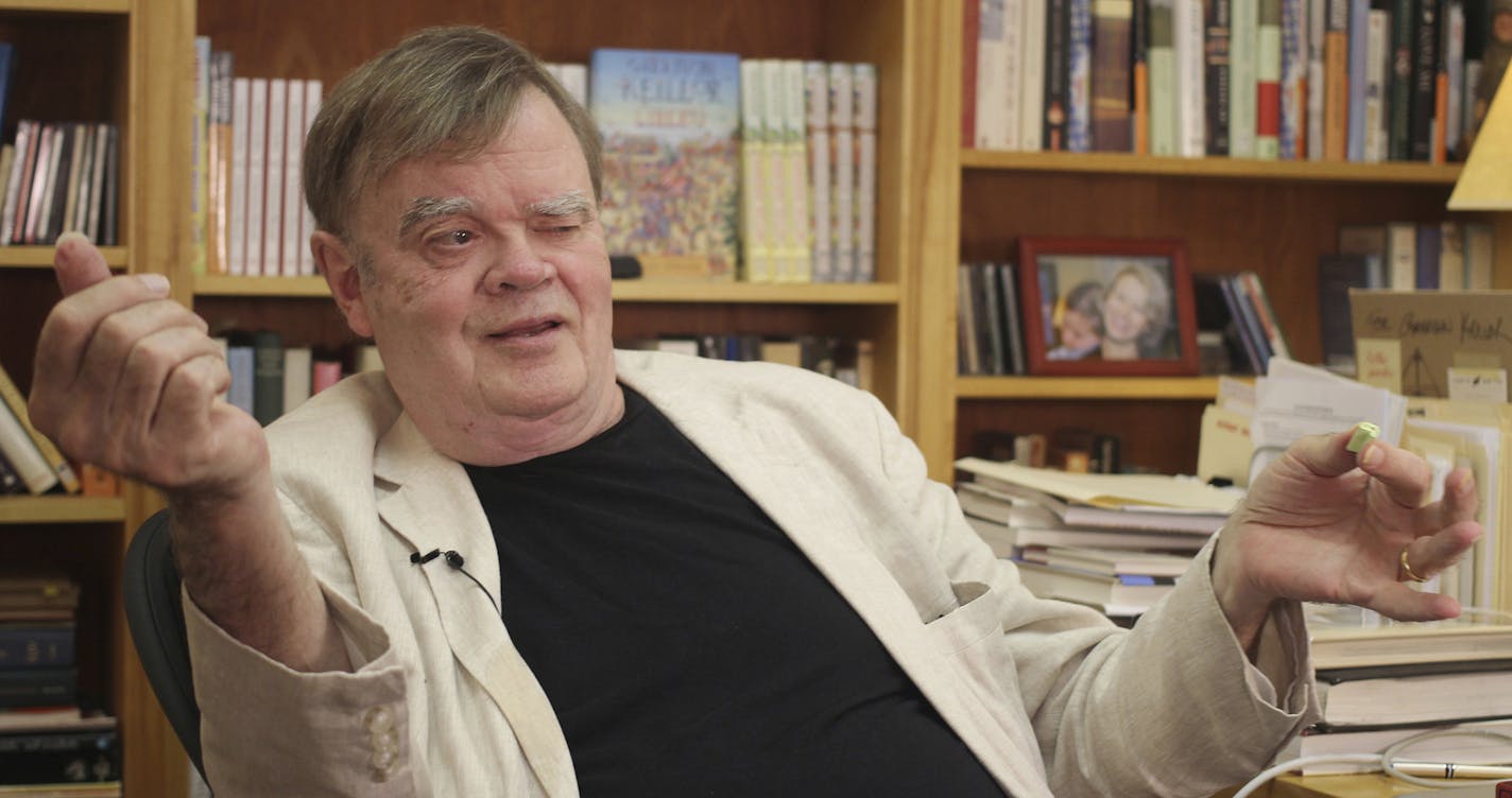 In this July 26, 2017 photo, Garrison Keillor, creator and former host of, "A Prairie Home Companion," talks at his St. Paul, Minn., office. Now that he has hung up his microphone as host of his popular public radio show, Keillor, who turns 75 this month, will embark on a 28-city "Prairie Home Love & Comedy Tour 2017," which he vows will be his last. (AP Photo/Jeff Baenen) ORG XMIT: MIN2017083115210361