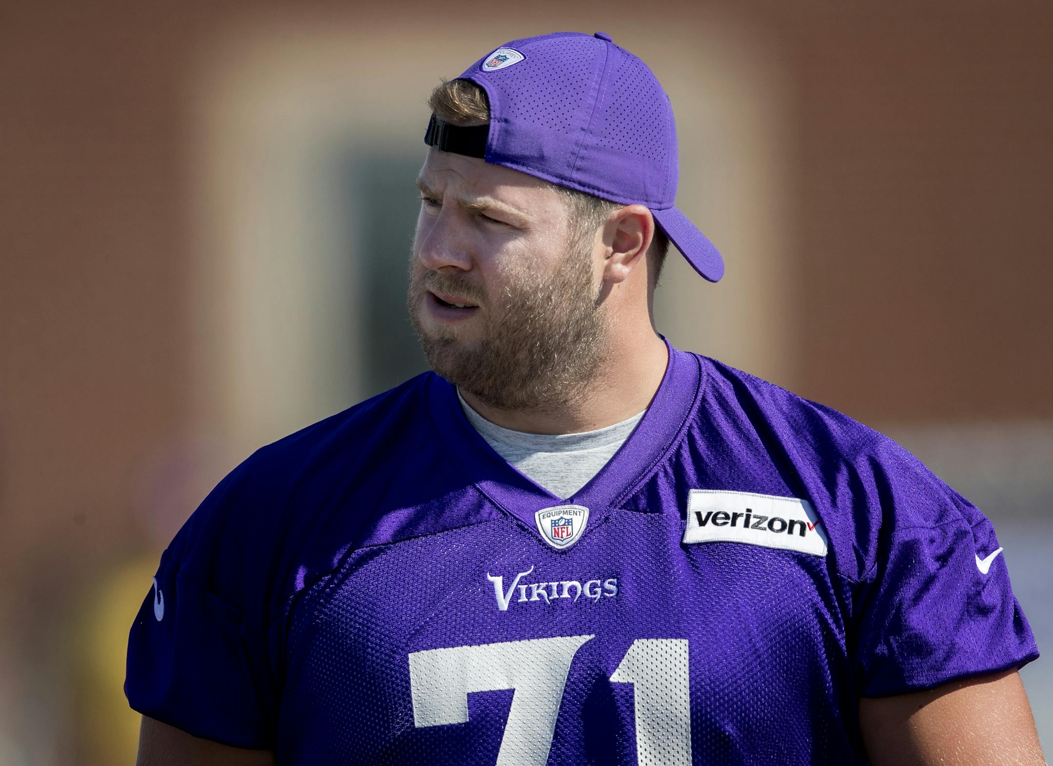 Minnesota Vikings offensive lineman Riley Reiff (71) during the morning practice on Thursday.