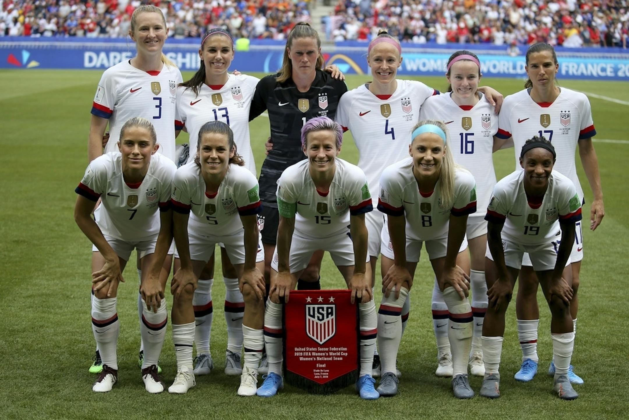 US squad lines up prior to the Women's World Cup final soccer match between US and The Netherlands at the Stade de Lyon in Decines, outside Lyon, France, Sunday, July 7, 2019.