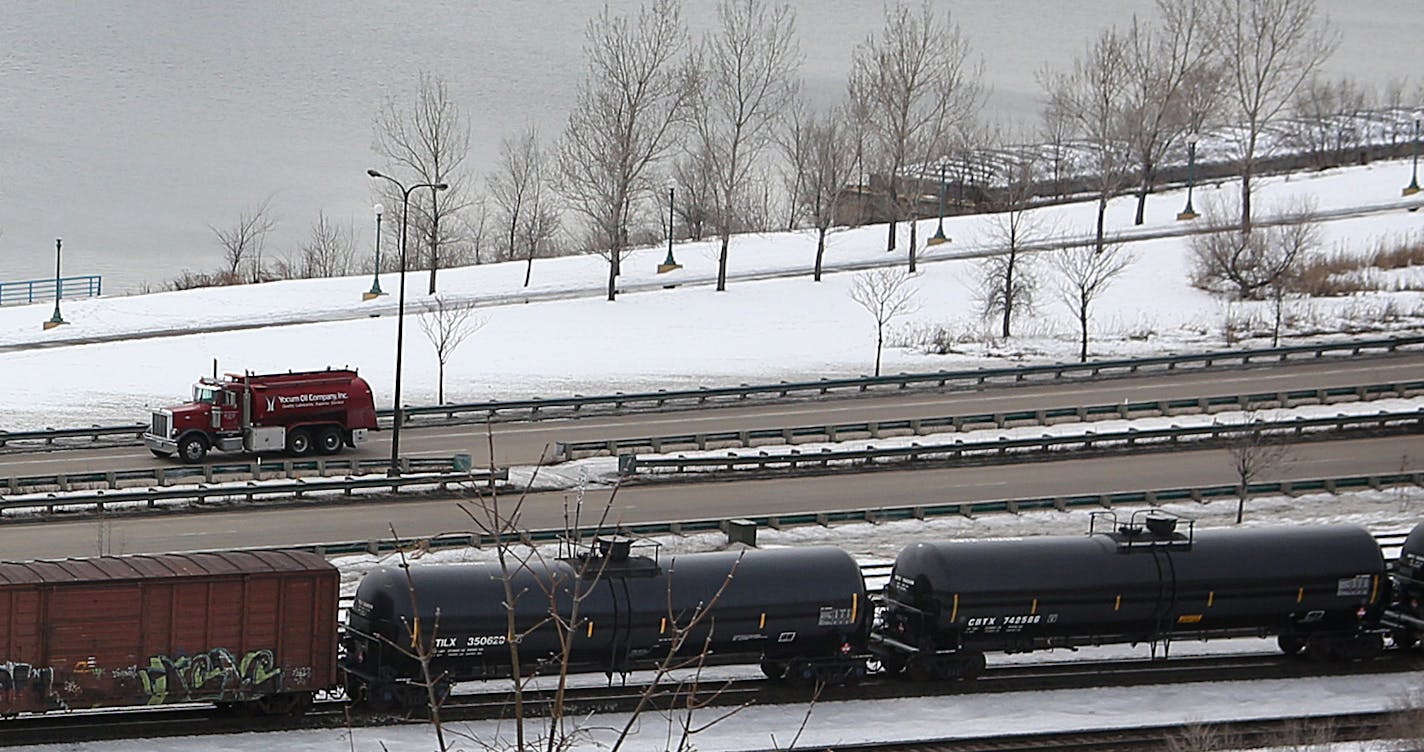 Canadian Pacific has seen a dramatic increase in crude oil shipments in tank cars. This crude-only &#x201c;unit train&#x201d; passed through St. Paul (here, along Warner Road and the Mississippi River) on Feb. 27. Unit trains of up to 120 cars are loaded with crude in at terminals in North Dakota and Canada and take their cargo to a single destination, often refineries on the East Coast and Gulf Coasts. It was not known where this train originated or was headed. CP says that 53,500 car loads of