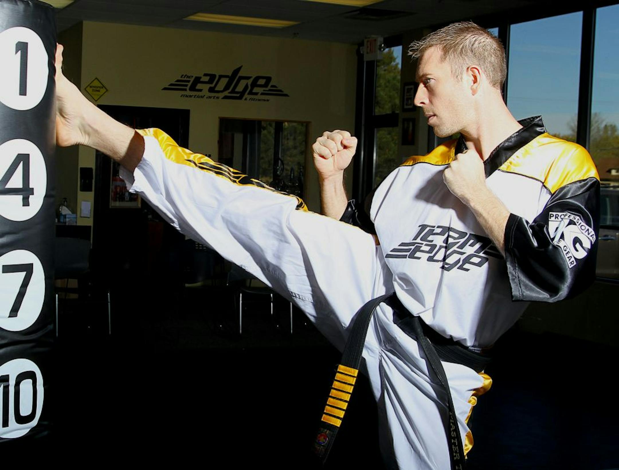 Nathan Thorn demonstrates a kick at his studio, The Edge Martial Arts, in Stillwater. Mark Hvidsten � mhvidsten@startribune.com