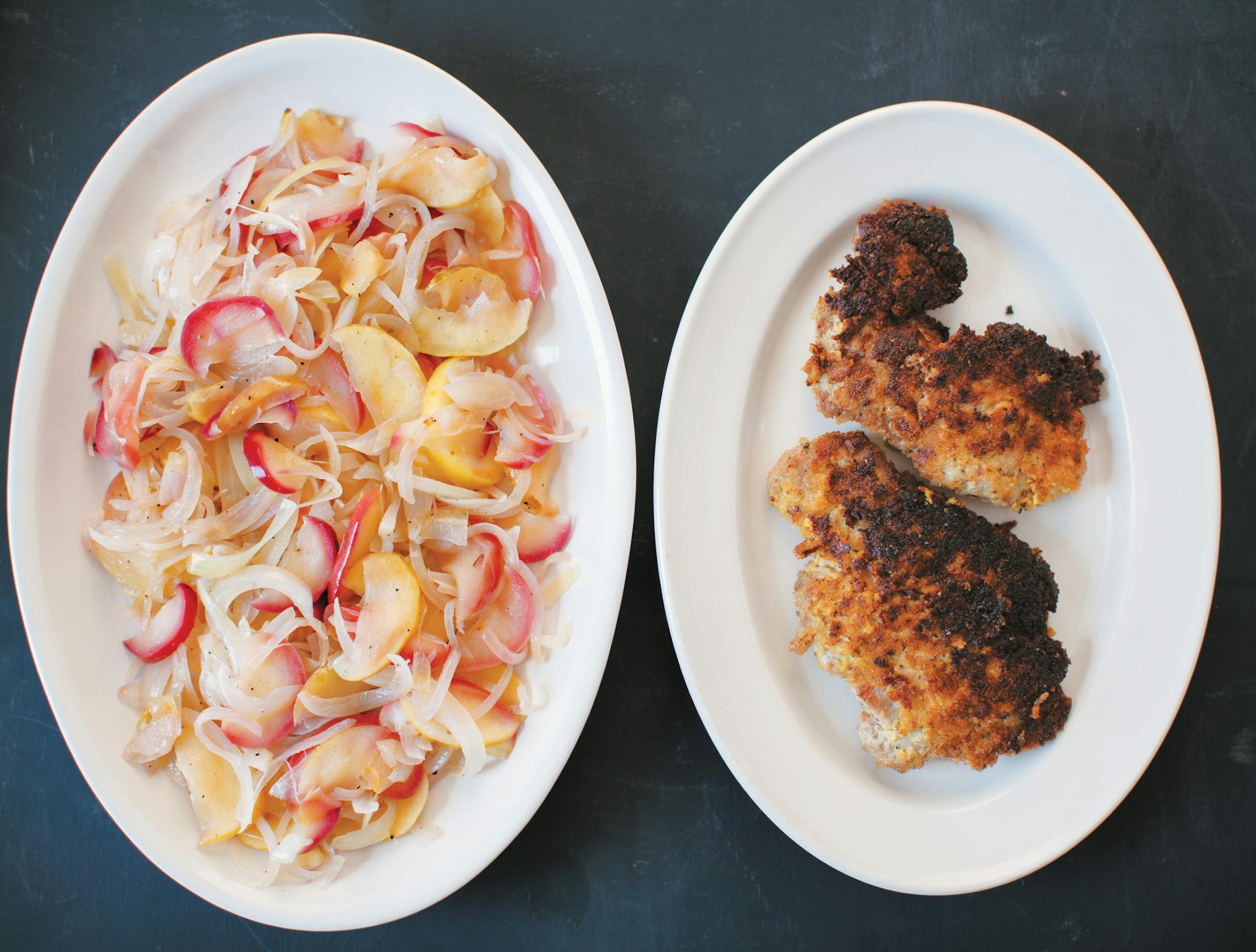 Mustard Crumb Pork Chops with Apple and Onions