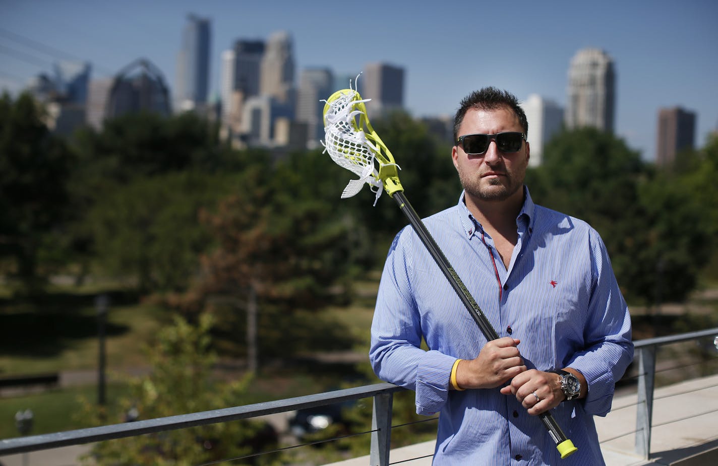 James Miceli posed with a Lacrosse stick Wednesday August 13 , 2014 in Minneapolis MN . Epoch, is making a splash in the lacrosse equipment market with a brand focused on technology. They are utilizing new designs and new materials to compete with established brands in one of North America's fastest growing sports ] Jerry Holt Jerry.holt@startribune.com