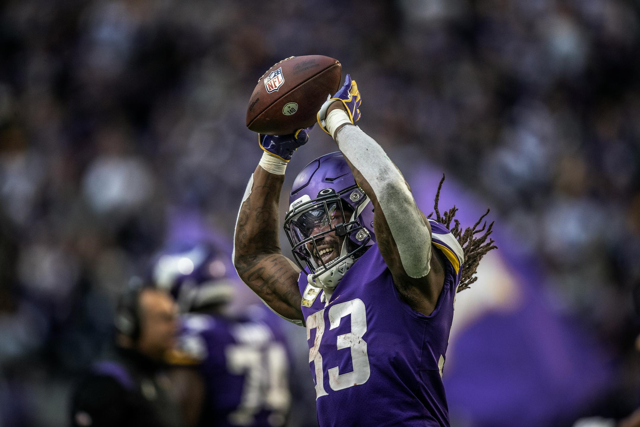 Minnesota Vikings running back Dalvin Cook, (33) celebrates his two point conversion in the fourth quarter.