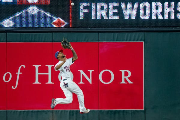 Minnesota Twins&#x2019; Byron Buxton catches the ball during a game against the Los Angeles Angels on Monday, July 3, 2017, at Target Field.