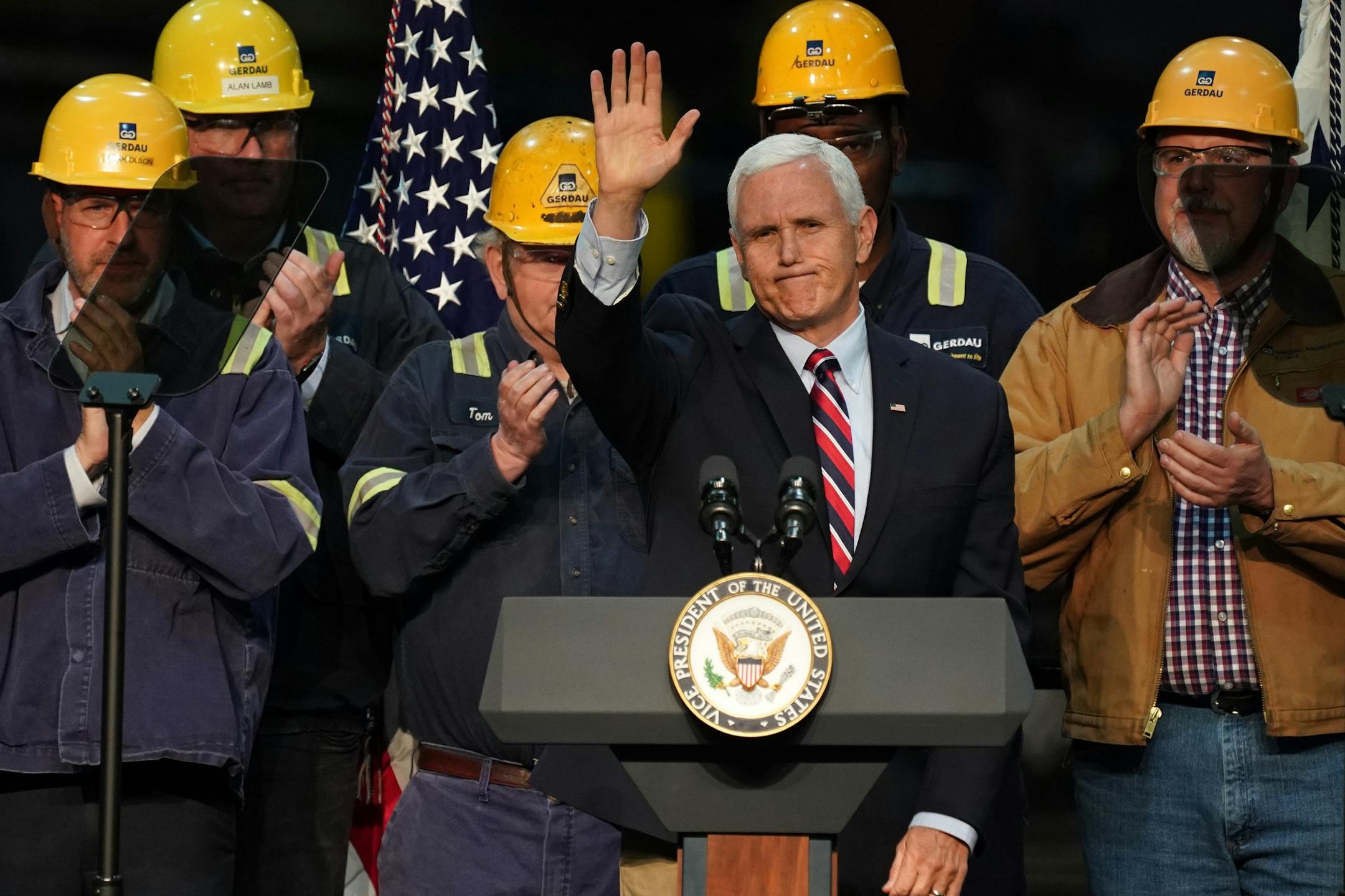 Vice President Mike Pence thanked the crowd after giving a speech urging support for President Donald Trump's proposed replacement for the North American Free Trade Agreement at Gerdau Ameristeel Thursday.