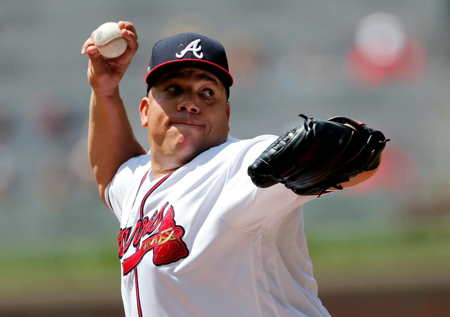 Atlanta Braves starting pitcher Bartolo Colon works in the first inning of a baseball game against the Pittsburgh Pirates, Thursday, May 25, 2017, in Atlanta. (AP Photo/John Bazemore)