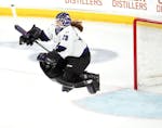 Minnesota goalie Nicole Hensley (29) leaps in celebration as time ran out on Boston.