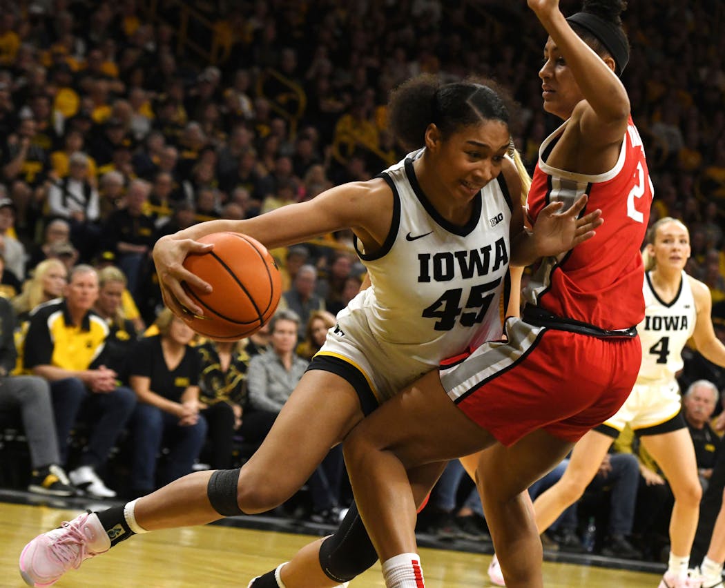 Along with Caitlin Clark, Iowa forward Hannah Stuelke (45) is another reason the Hawkeyes could make some noise in the Big Ten Tournament.