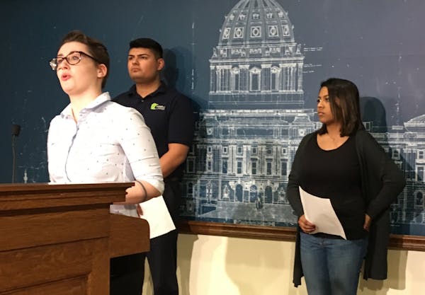 Kayla Shelley, a St. Cloud State University student, spoke at a press conference in support of a bill that would make two years of college free. Frank