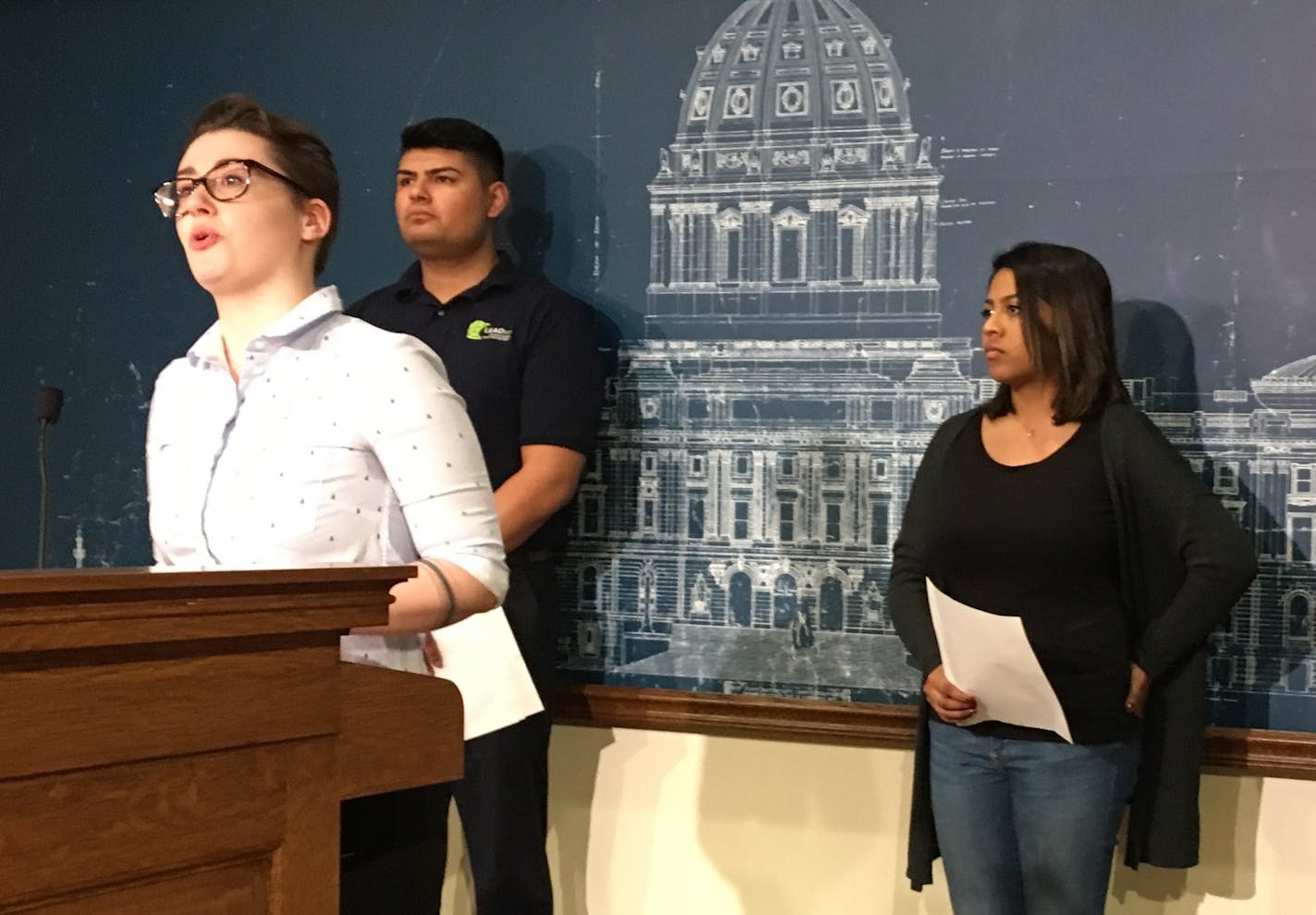 Kayla Shelley, a St. Cloud State University student, spoke at a press conference in support of a bill that would make two years of college free. Frankie Becerra, who attends Century College and the University of Minnesota, and Aurin Chowdhury, a U student, also spoke.