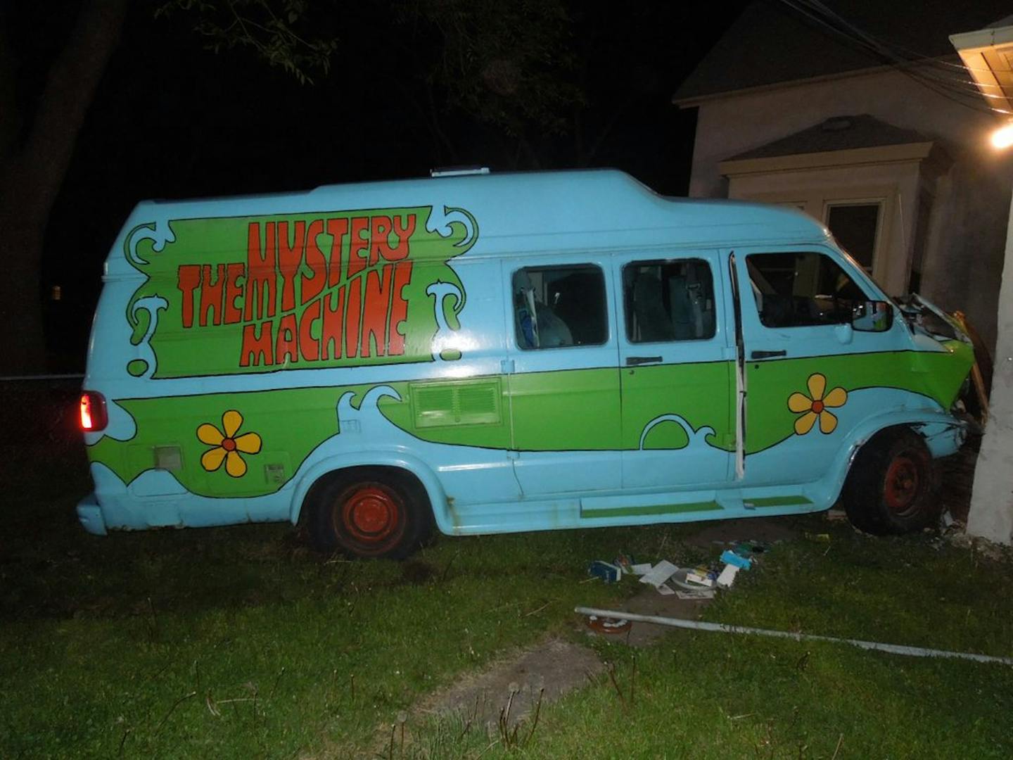 A van painted to look like the Mystery Machine from "Scooby-Doo" crashed into a home in St. Paul after being stolen overnight Friday.