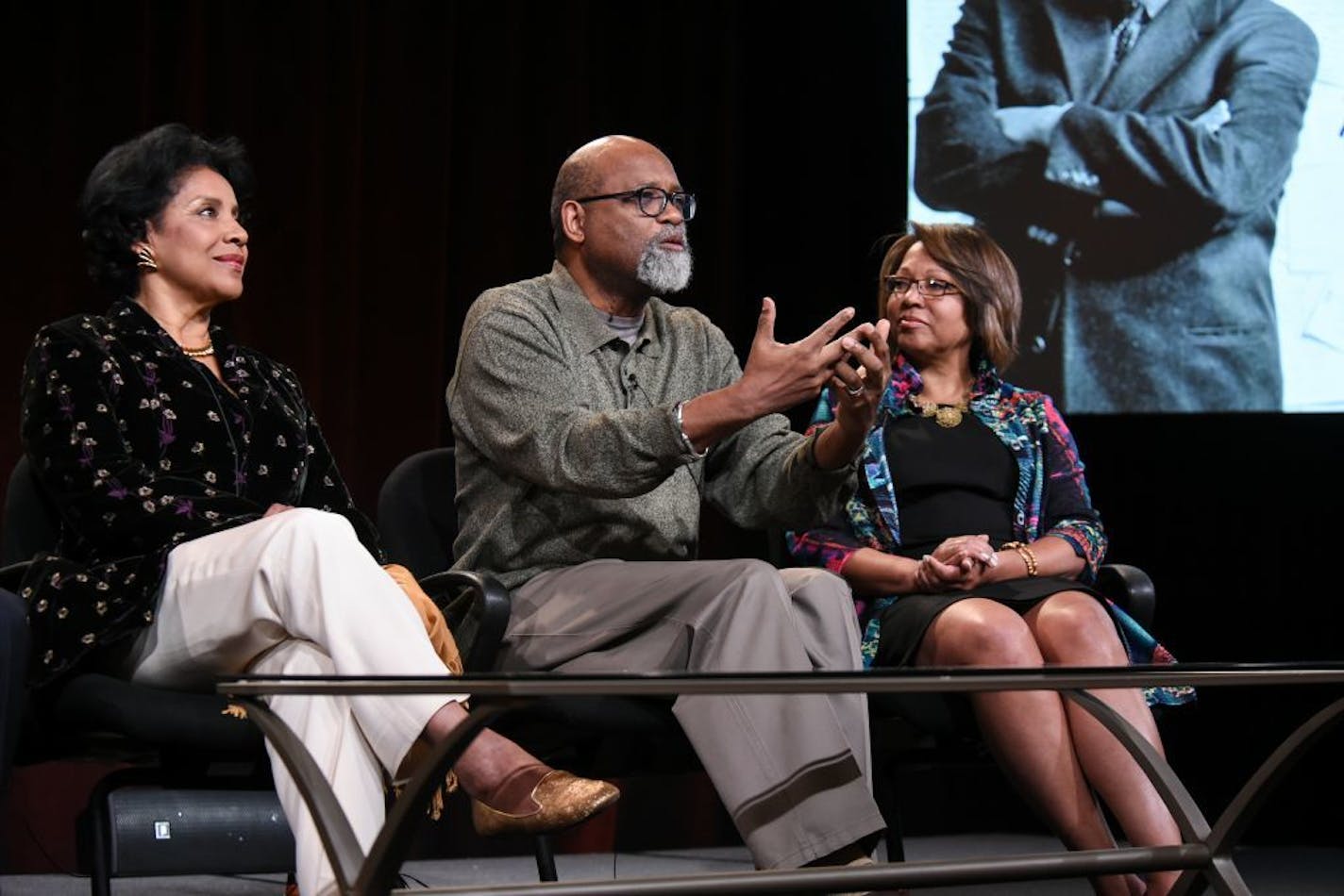 Phylicia Rashad, from left, filmmaker Samuel D. Pollard, and executive producer Darryl Ford Williams participate in the American Masters "August Wilson: The Ground on Which I Stand" panel at the PBS 2015 Winter TCA on Tuesday, Jan. 20, 2015, in Pasadena, Calif.