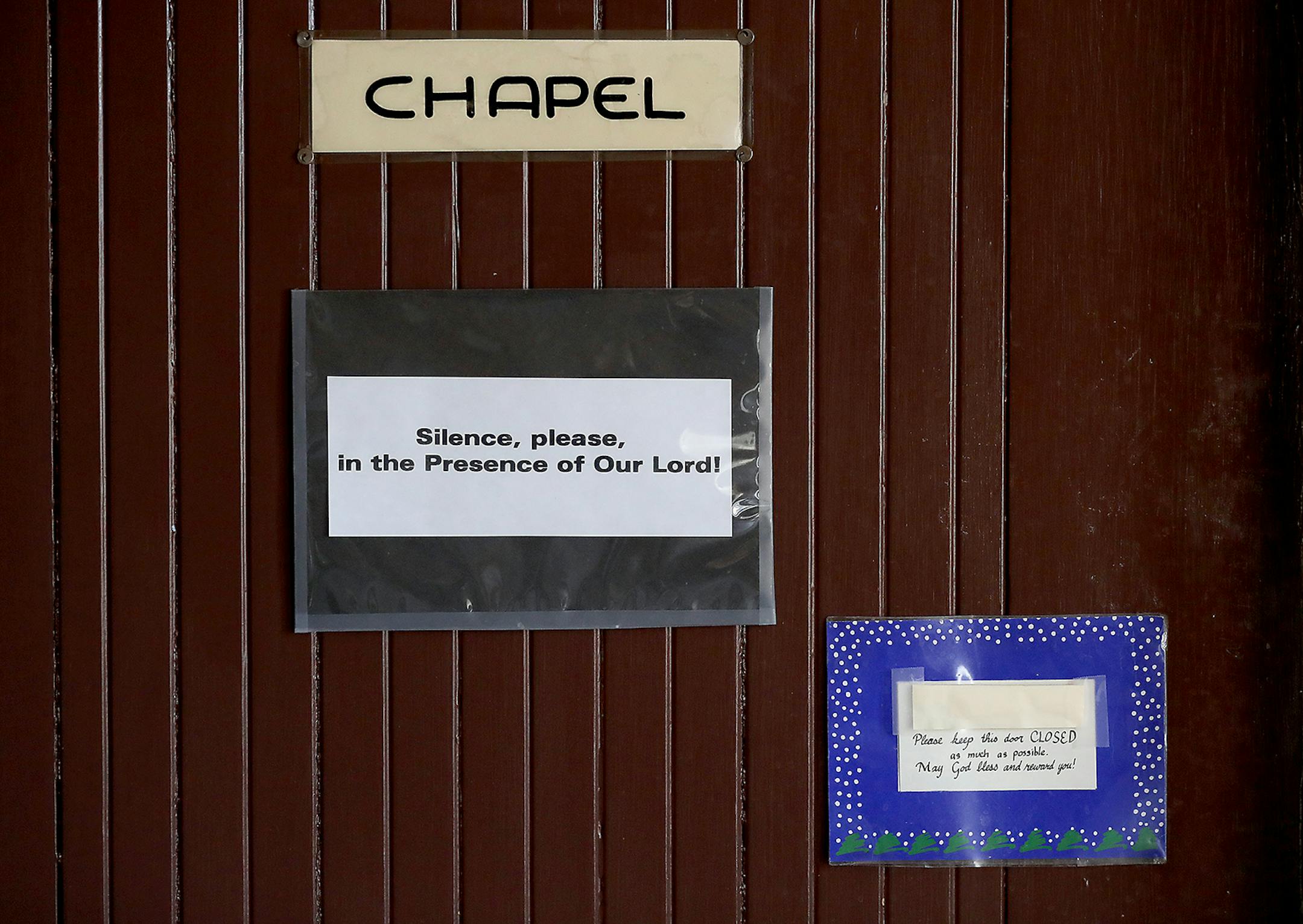 The door leading to the public entrance of the Poor Clares of Sauk Rapids St. Clare Monastery Chapel Thursday, April 16, 2020, in Sauk Rapids, MN.Poor Clare nuns of St. Clare's Monastery nuns met with journalists in the monastery's parlor, the one room where outsiders have partial access to the nuns in a room divided by a metal lattice with a folding wooden divider.