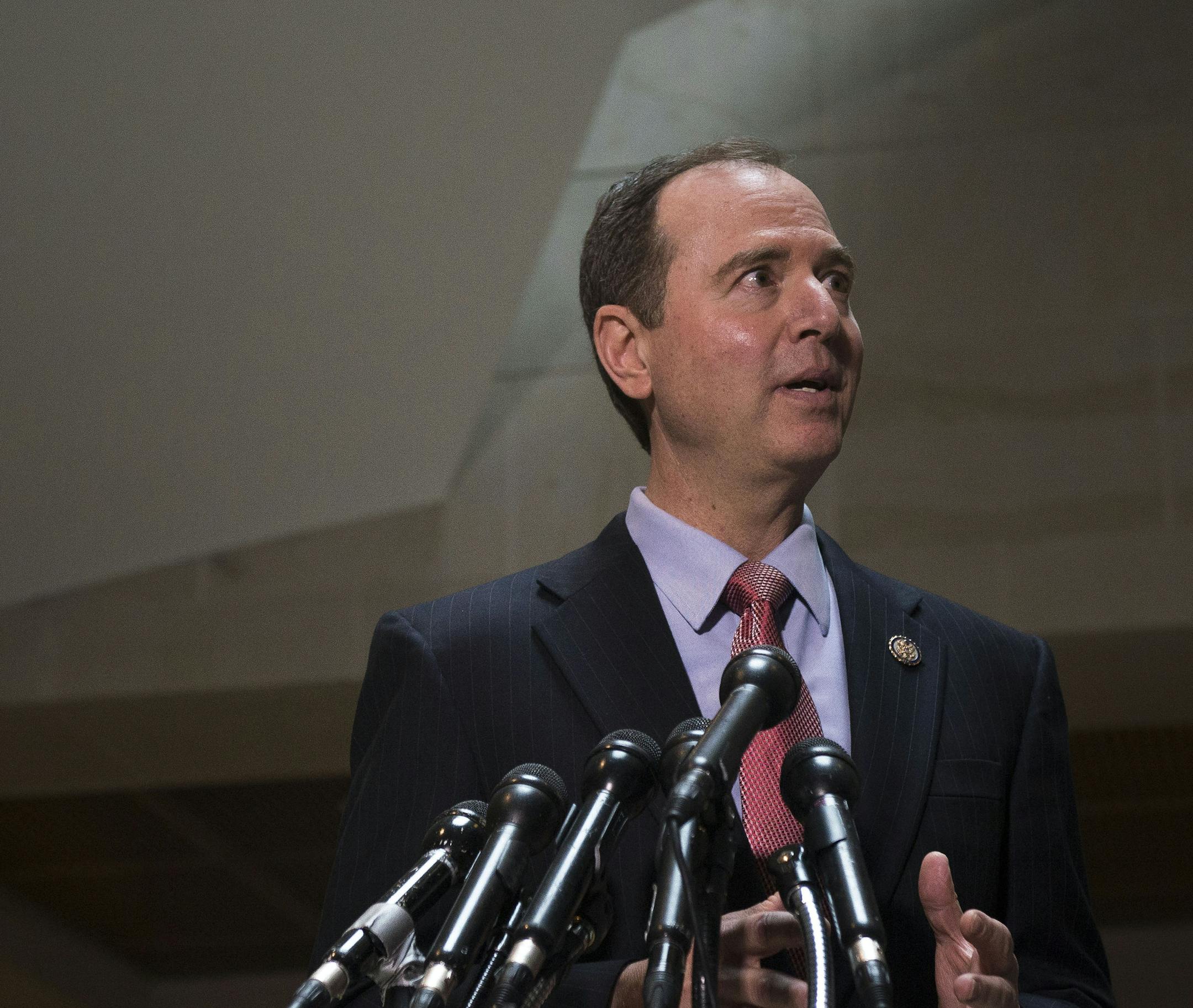 Rep. Adam Schiff (D-Calif.) the top Democrat on the House Intelligence Committee, speaks to reporters at the Capitol in Washington, March 30, 2017. Schiff on Thursday said that “profound questions” has been raised by reports that White House officials gave intelligence reports directly to Rep. Devin Nunes (R-Calif.), the committee chair. (Gabriella Demczuk/The New York Times)