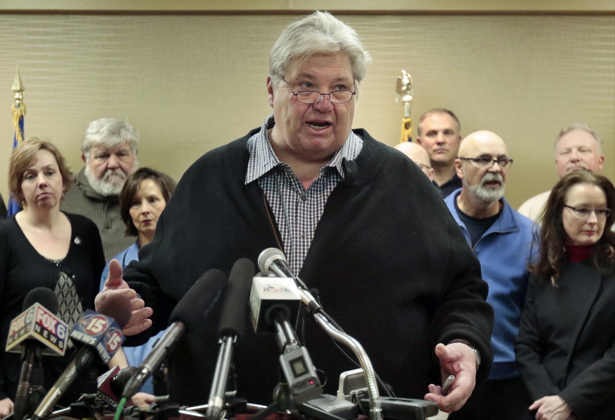 Wisconsin AFL-CIO president Phil Neuenfeldt makes a statement during a news conference of local labor leaders at the Madison Concourse Hotel in Madison, Wis., Monday, Feb. 23, 2015. (AP Photo/Wisconsin State Journal, M.P. King)