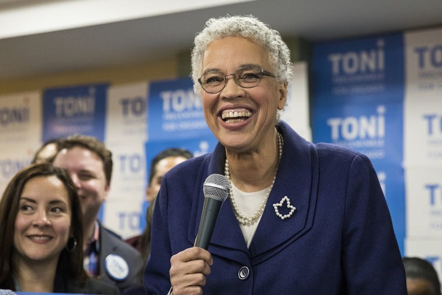 Chicago mayoral candidate Toni Preckwinkle speaks at her election night event in Chicago on Tuesday, Feb. 26, 2019. Cook County Board President Preckwinkle will face former federal prosecutor Lori Lightfoot in a runoff to become Chicago's next mayor. The race will guarantee the nation's third-largest city will be led the next four years by an African-American woman.