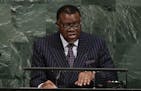 Namibia's President Hage Geingob speaks at the United Nations General Assembly Wednesday, Sept. 20, 2017, at the U.N. headquarters. (AP Photo/Frank Fr