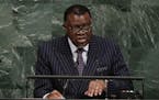 Namibia's President Hage Geingob speaks at the United Nations General Assembly Wednesday, Sept. 20, 2017, at the U.N. headquarters. (AP Photo/Frank Fr